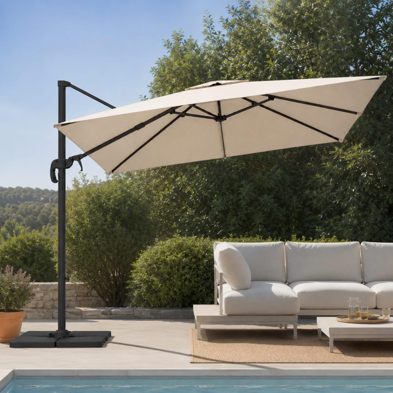 Ombrellone Da Giardino 3X3 M Con Braccio Retrattile Per Esterni Piscina Terrazze Bar Hotel Gazebo In Acciaio Inossidabile Con Braccio Rotabile 360° Impermeabile E Resistente Ai Raggi UV Beige