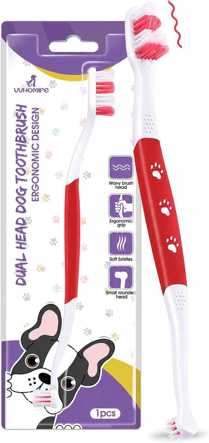 Dog Toothbrush, Dual-Head, for Medium-Large Dogs,Red