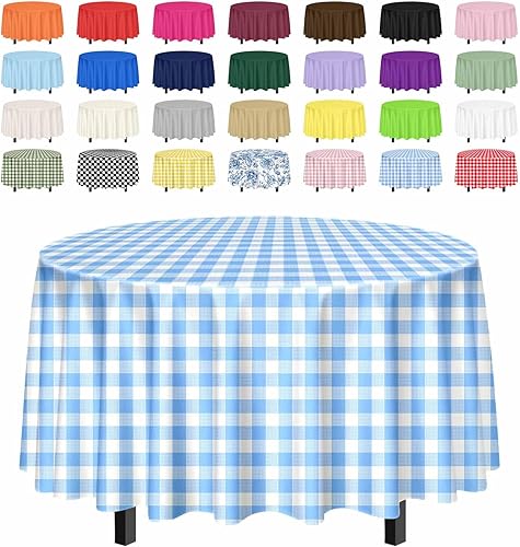 SietDESEO Paquete de 2 manteles redondos de cuadros azul claro de 84 x 84 pulgadas, manteles desechables a cuadros azules y blancos, para camping,