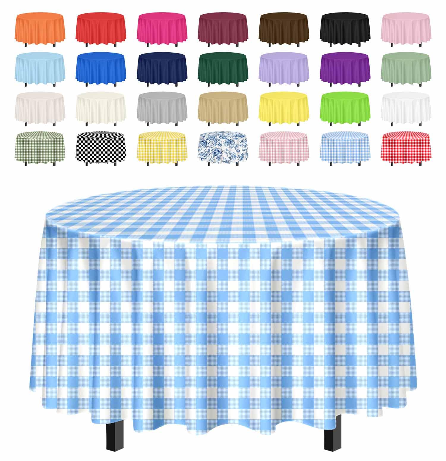 Photo 1 of SietDESEO 3 Pack Light Blue Gingham Tablecloth Round 84 x 84 Blue and White Checkered Table Cloth Disposable Plaid Table Cover for Camping Picnic Wedding Party Supplies Circle Plastic Tablecloth