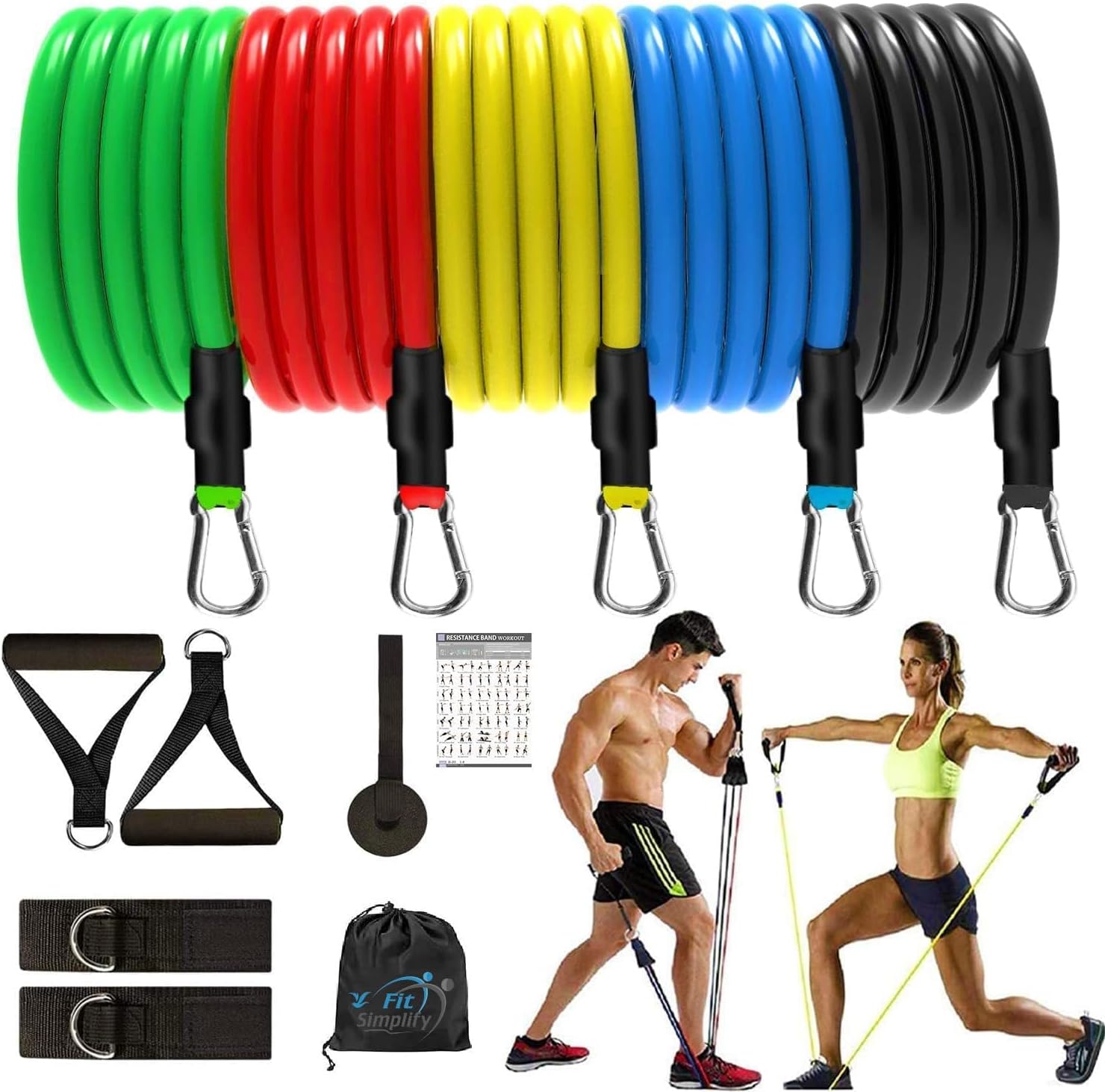 Fit Simplify Resistance Bands Set for Exercise, Stretching and Workout Toning Tube Kit with Foam Handles, Door Anchor, Ankle Strap and Long Carry Bag for Men, Women