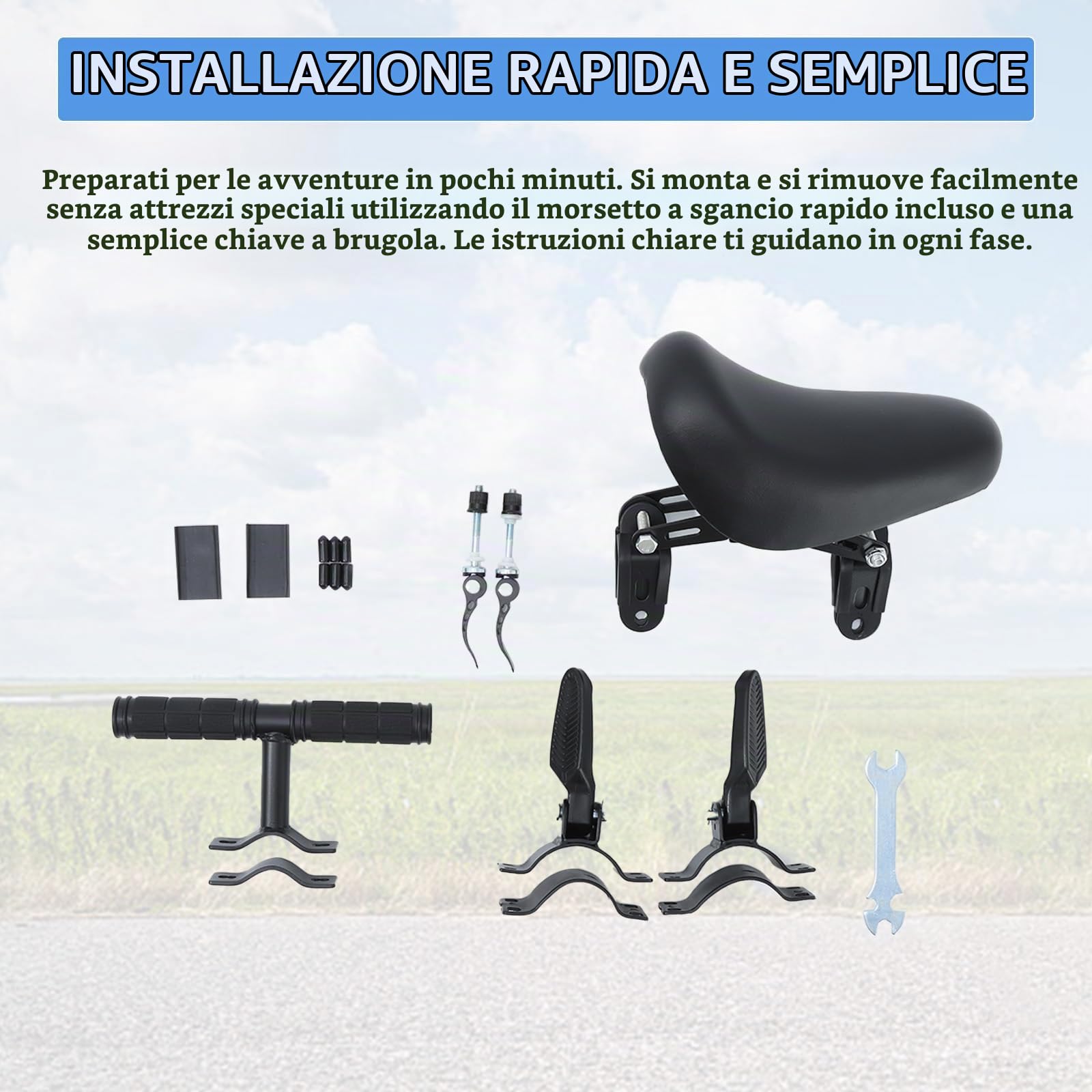 BWBIKE Seggiolino Anteriore Rimovibile per Bambini 2-5 Anni con Poggiapiedi, Manubrio di Sicurezza e Pedali - Compatibile con Biciclette MTB Adulto (Supporto Anteriore)