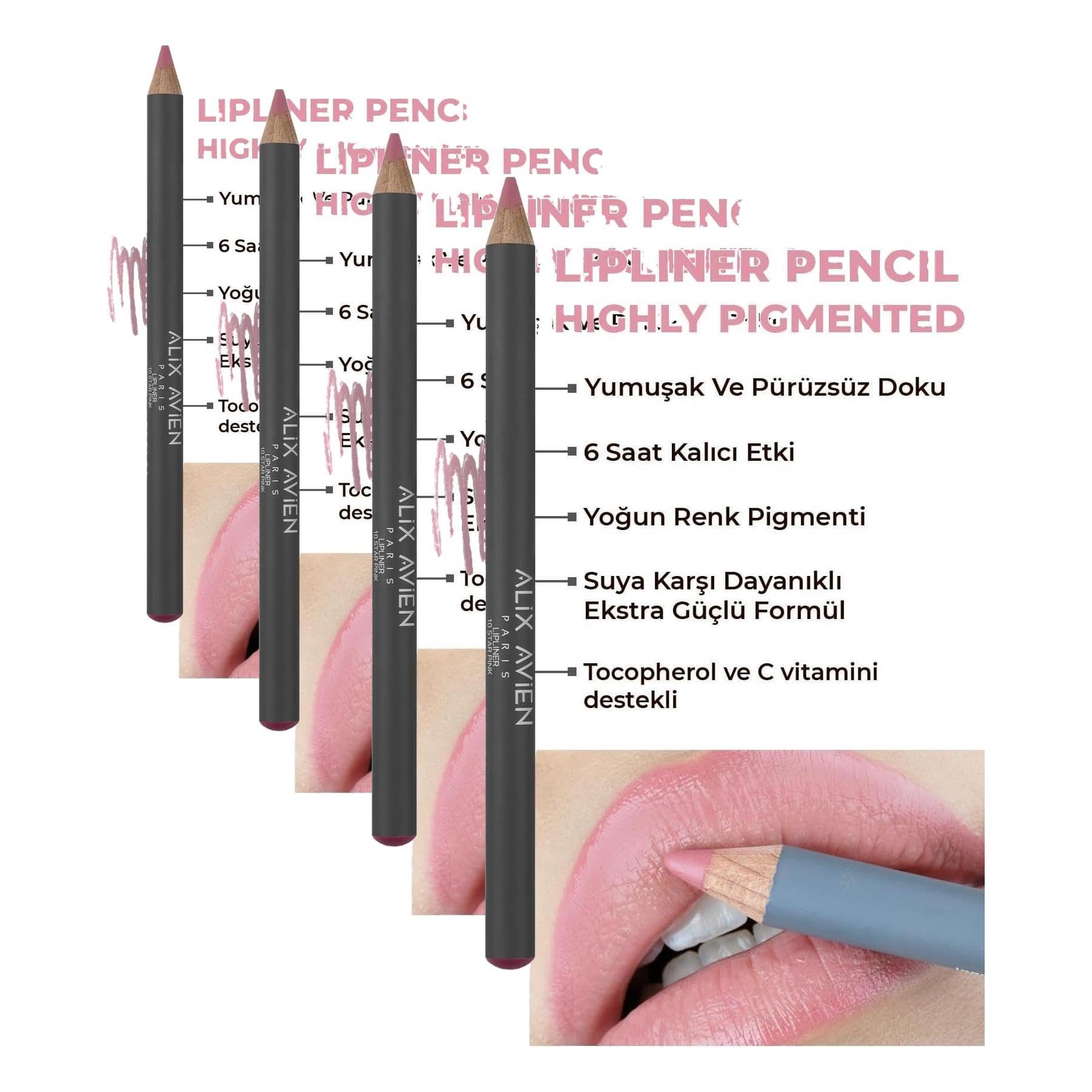 ALIX AVIEN Uzun Süre Kalıcı Dağılma Yapmayan Nemlendirici Dudak Kalemi - Lipliner Pencil 10 Star Pink (4 paketi)
