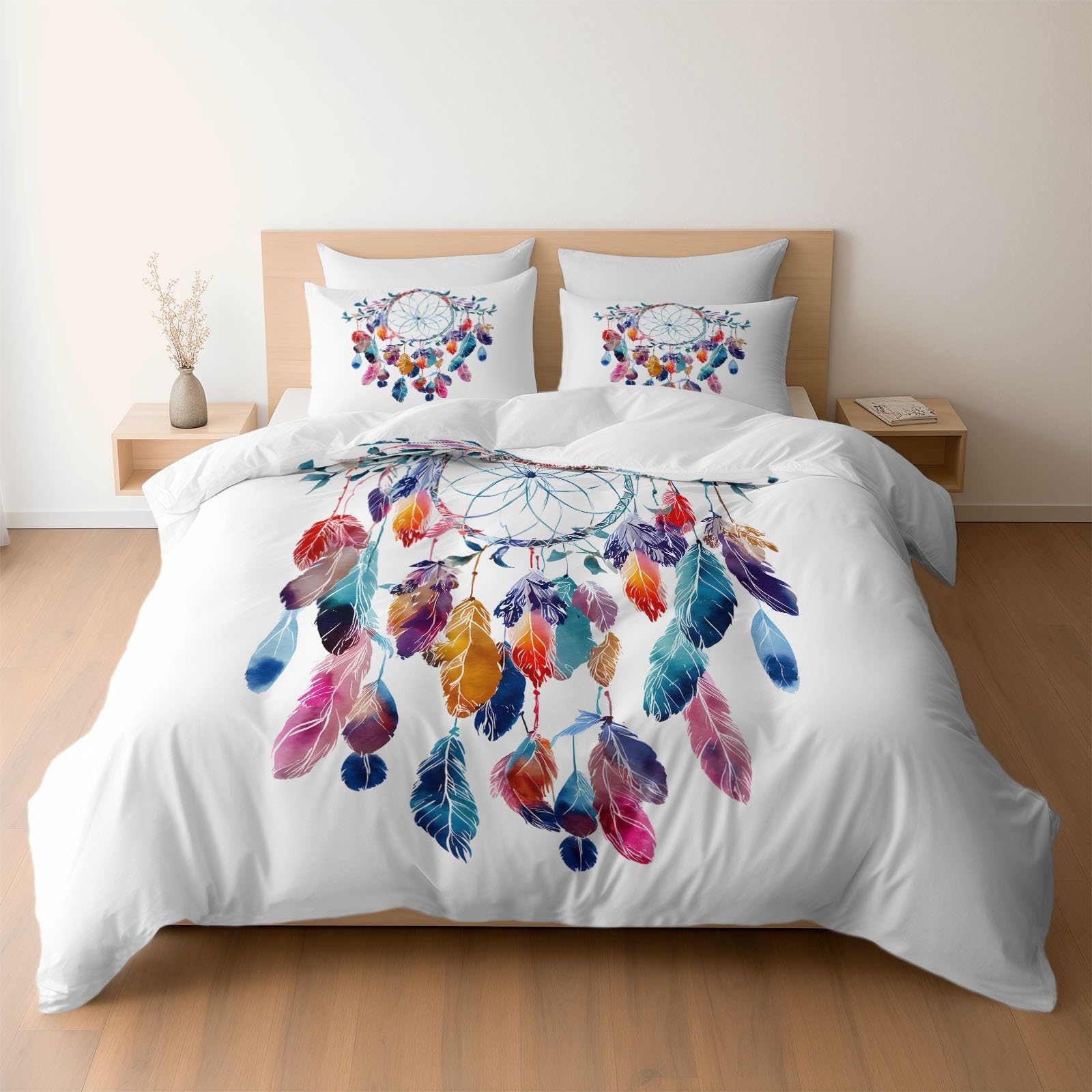 Generisch Boho Chic Stil 3-teiliges Bettwäsche-Set, 1 Bettbezug 240 x 220 cm und 2 Kissenbezüge 80 x 80 cm, Weiß, Traumhafter Wald Traumfänger, Pflegeleicht, Erwachsene, Schlafzimmer