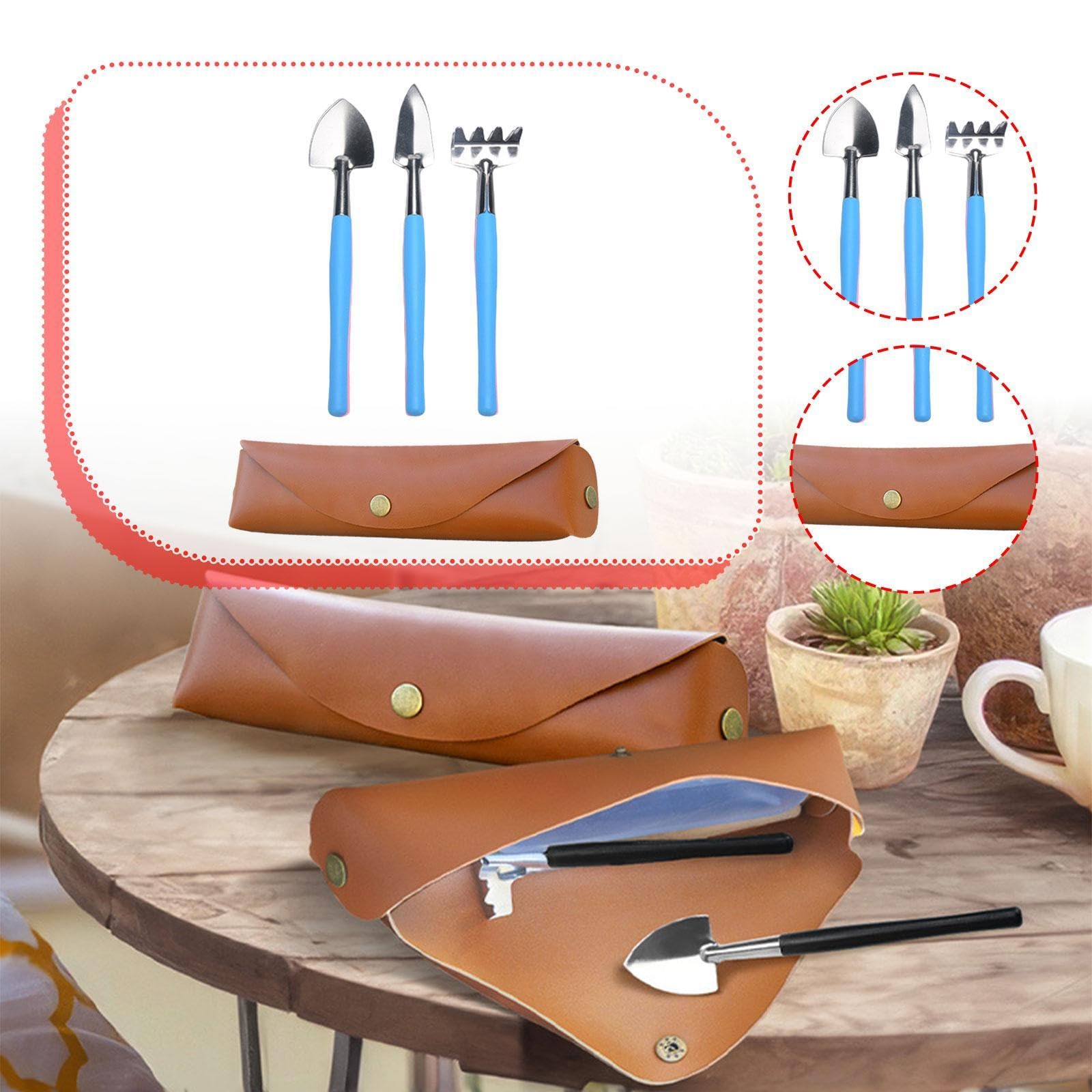 Generic Hand Spade Rake Trowel Mini Gardening Tools with PU Organizer Bag Planting Tools Versatile for Balcony Maintenance Courtyard, Blue