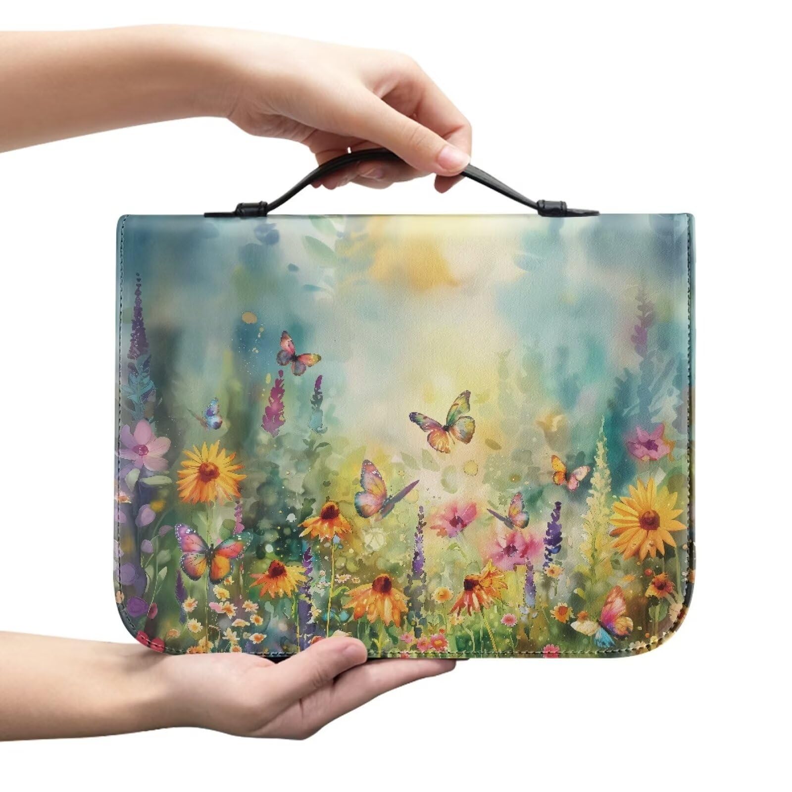 Glomenade Boho Butterfly Floral Pattern Bible Cover for Women Men, Bible Case Bag with Top Handle PU Leather Bible Carrying Case for Church