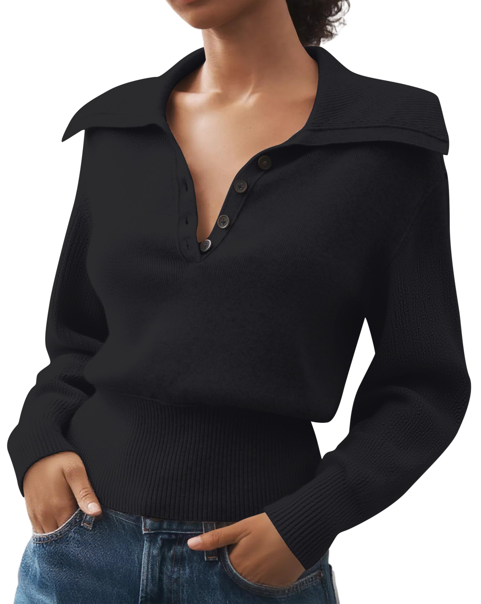 MISSACTIVER Womens Lapel Collar Polo Sweater Long Sleeve Slim Fit Knit Pullover V-Neck Button Down Ribbed Cropped Fall