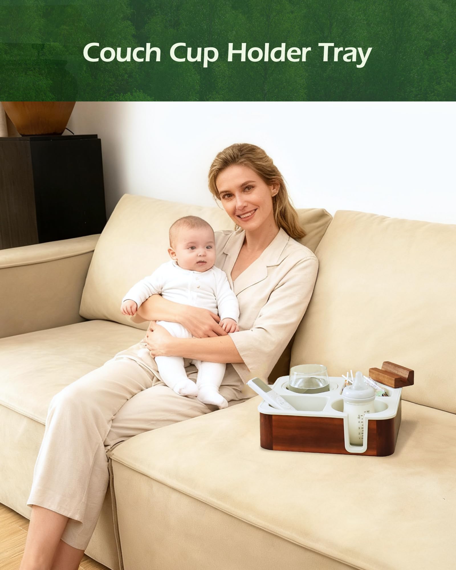 Couch-Becherhalter, Tablett aus Akazienholz, Couch-Caddy mit Getränkehalter, Schlitz, rutschfester Couch-Organizer für Getränke, Snacks, Fernbedienungen, abgerundete Ecken und Becher (grau)