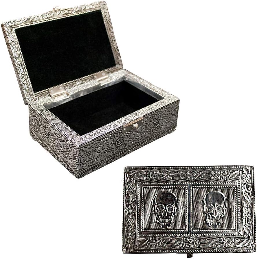Vintage Jewelry Box Case | 9 Styles | Bronze or Silver Metallic Metal Plating with Floral Accent Designs | Perfect for Earrings Necklaces and Rings (Silver Skull (Small))
