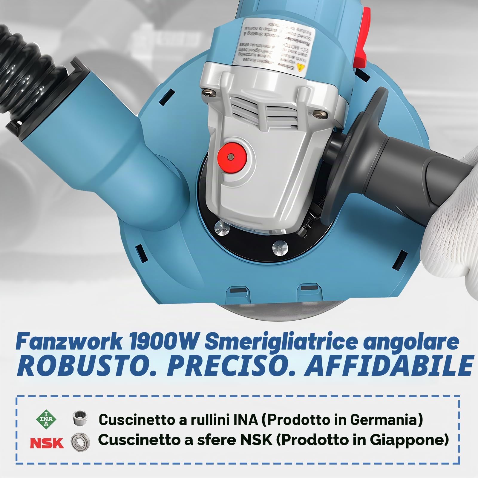 FANZWORK 1900W (MAX) Smerigliatrice per calcestruzzo con motore brushless EC, set 125 mm, cuffia aspirazione e valigetta, senza manutenzione