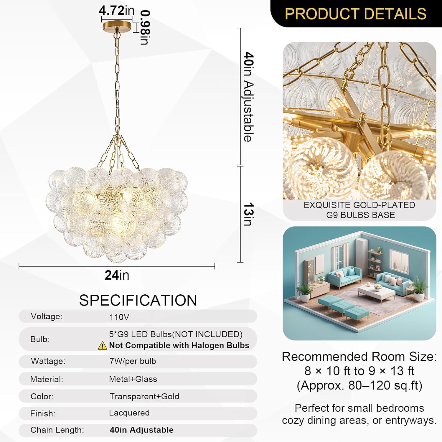 Dia 24" Bubble Chandelier, 5-Light Clear Hand Blown Glass Chandelier Gold Brass Chandeliers for Living Room Globe Ball Modern Chandeliers for Dining Room Foyer Bedroom Entry(G9 LED Bulb Base)