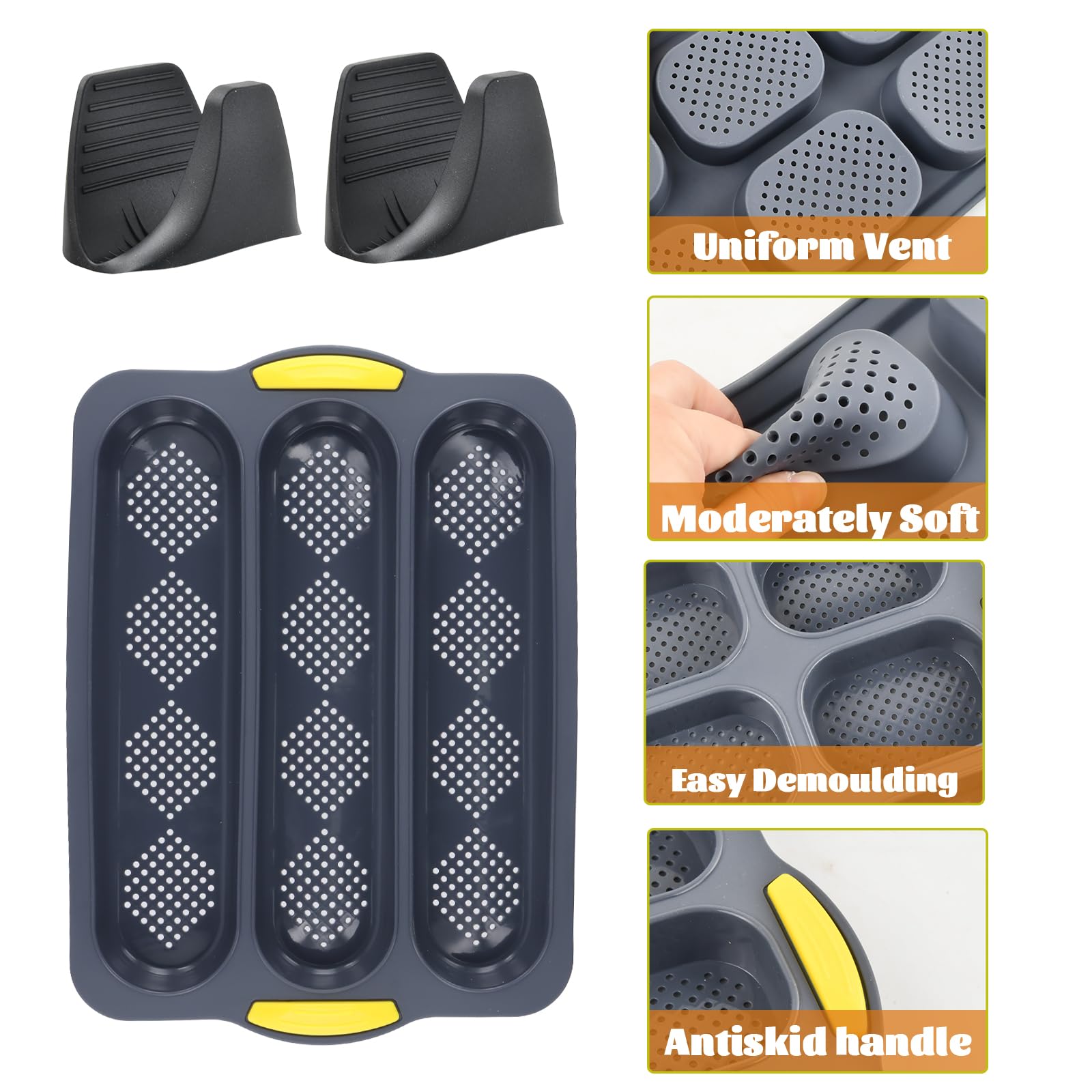 2 Teglie da Forno per Baguette, Stampo per Baguette, con 2 Pinze Isolanti e 1 Spatola in Silicone per Pane, Torte, Muffin,Silicone