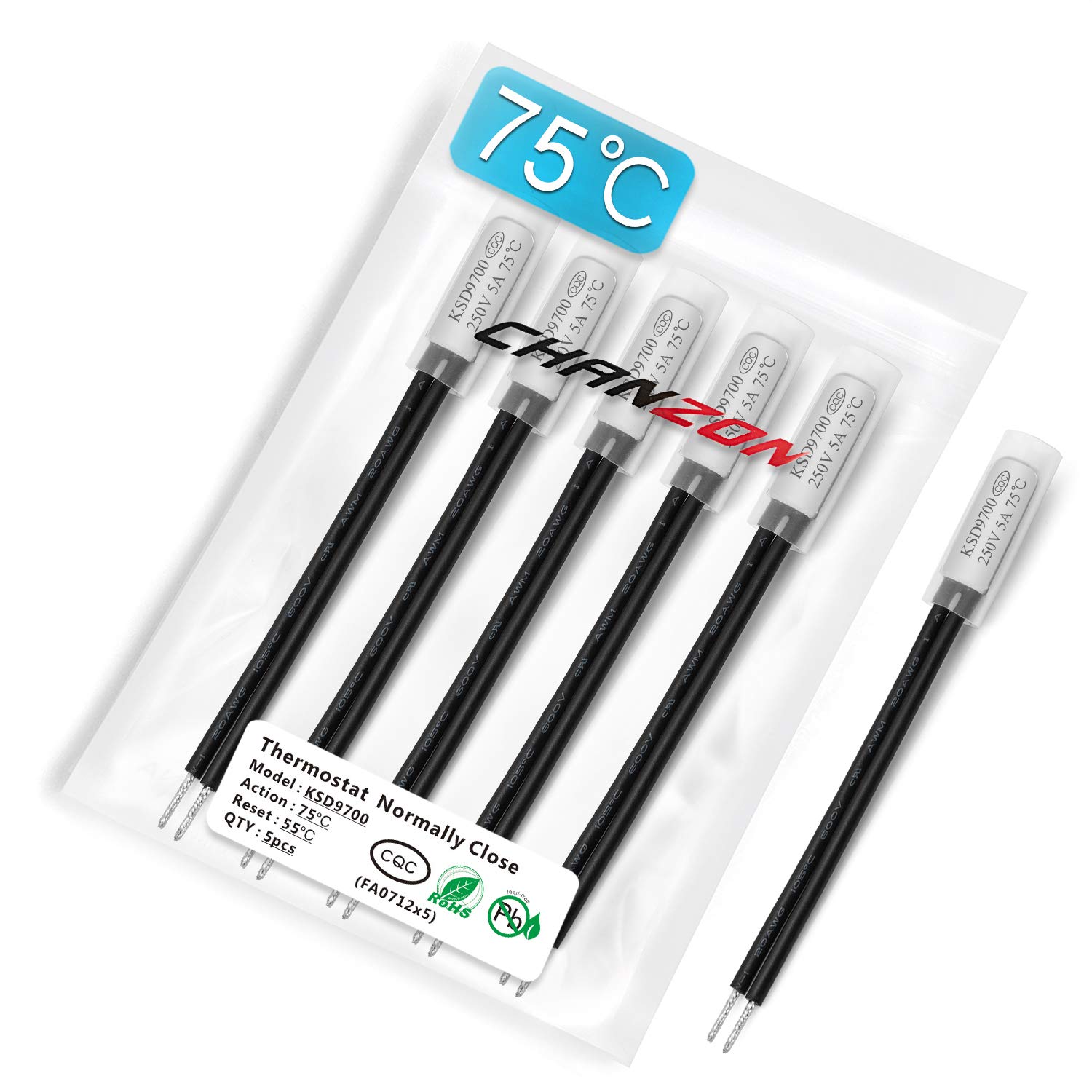 Chanzon 5Pcs KSD9700 75℃ Thermostat Temperature Protector Bimetal Thermal Control Switch Normally Closed 75 Degree 250V 125V 5A 5Amp