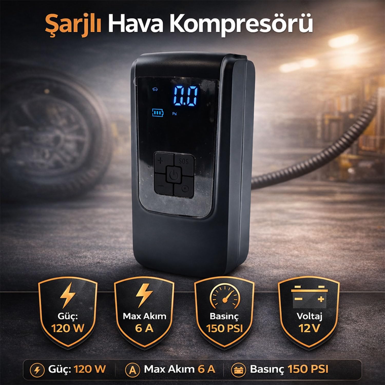 Taşınabilir Şarjlı Hava Kompresörü 150 PSI Araba Bisiklet Motor Top Lastik Şişirme Dijital Ekranlı