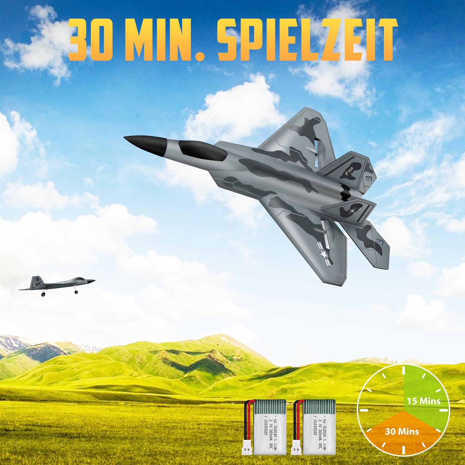 HAWK'S WORK 2 Kanal Ferngesteuertes Flugzeug F-22, Bereit zum Fliegen, 2,4 GHz RC Flugzeug Leicht zu Fliegen für Kinder & Anfänger