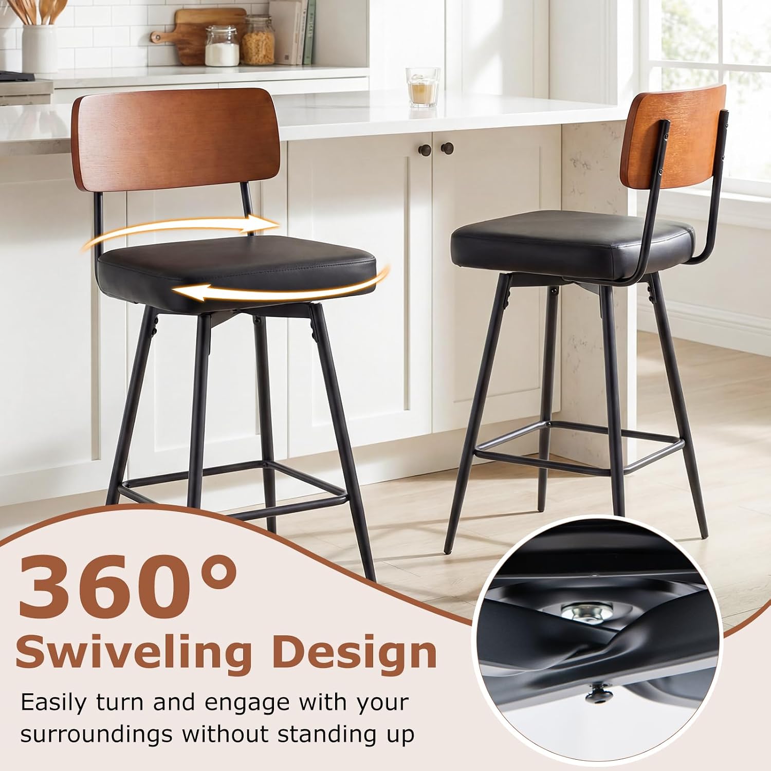 COSTWAY 27" Padded Counter Barstools Set of 4, 360° Swiveling Counter Height Chairs with Wooden Backrest & Metal Legs, Upholstered High Top Seats with Footrest for Kitchen Island (4,Black)