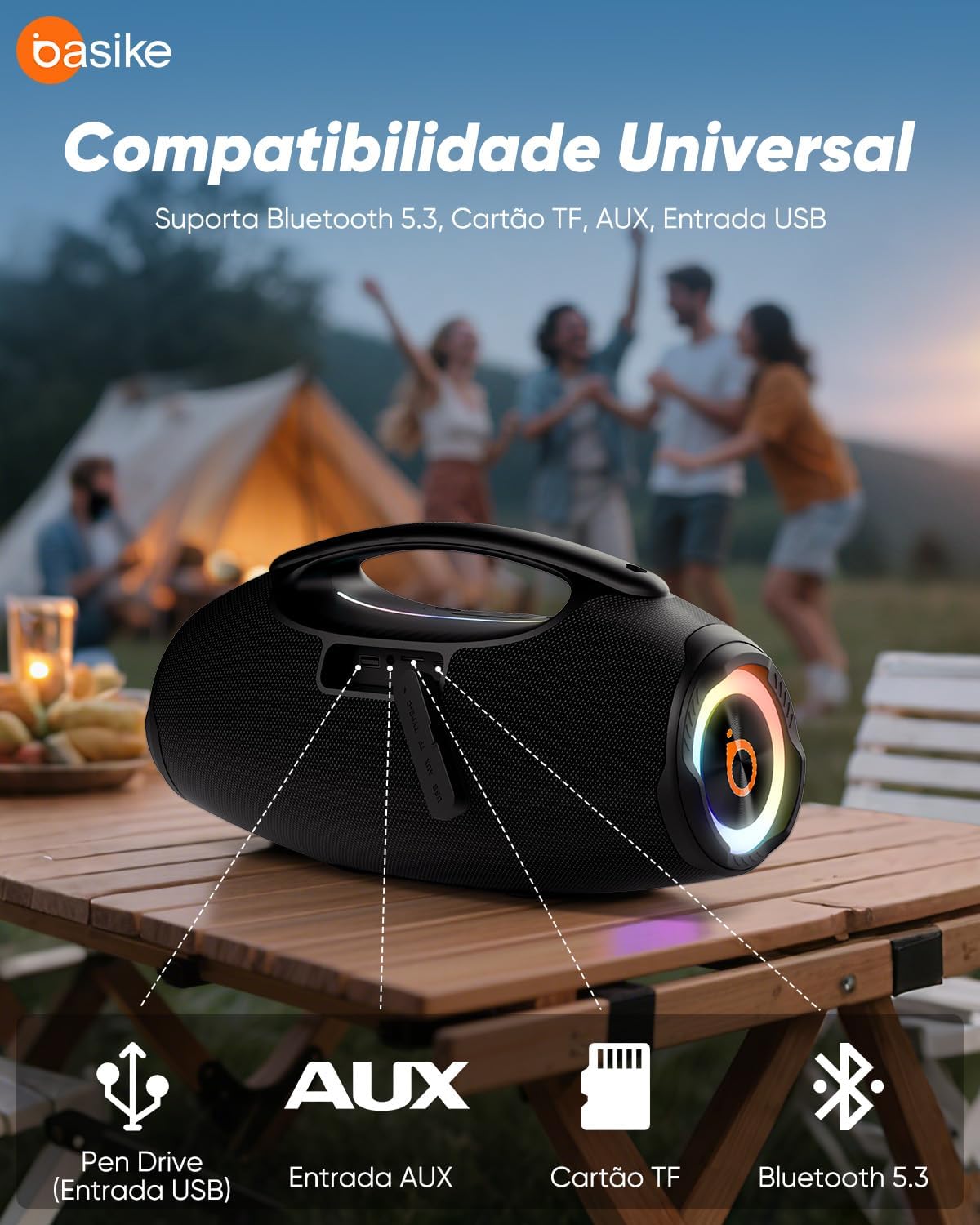 Basike Caixa de Som Bluetooth Portátil 80W RMS (Pico 120W), TWS Estéreo, Modos EQ, Luzes RGB, IPX6 Resistente à Água, Bateria 8000mAh, para Home Theater, Festa e Uso Externo – Preto Basike Caixa de Som Bluetooth Portátil 80W RMS (Pico 120W), TWS Estéreo, Modos EQ, Luzes RGB, IPX6 Resistente à Água, Bateria 8000mAh, para Home Theater, Festa e Uso Externo – Preto