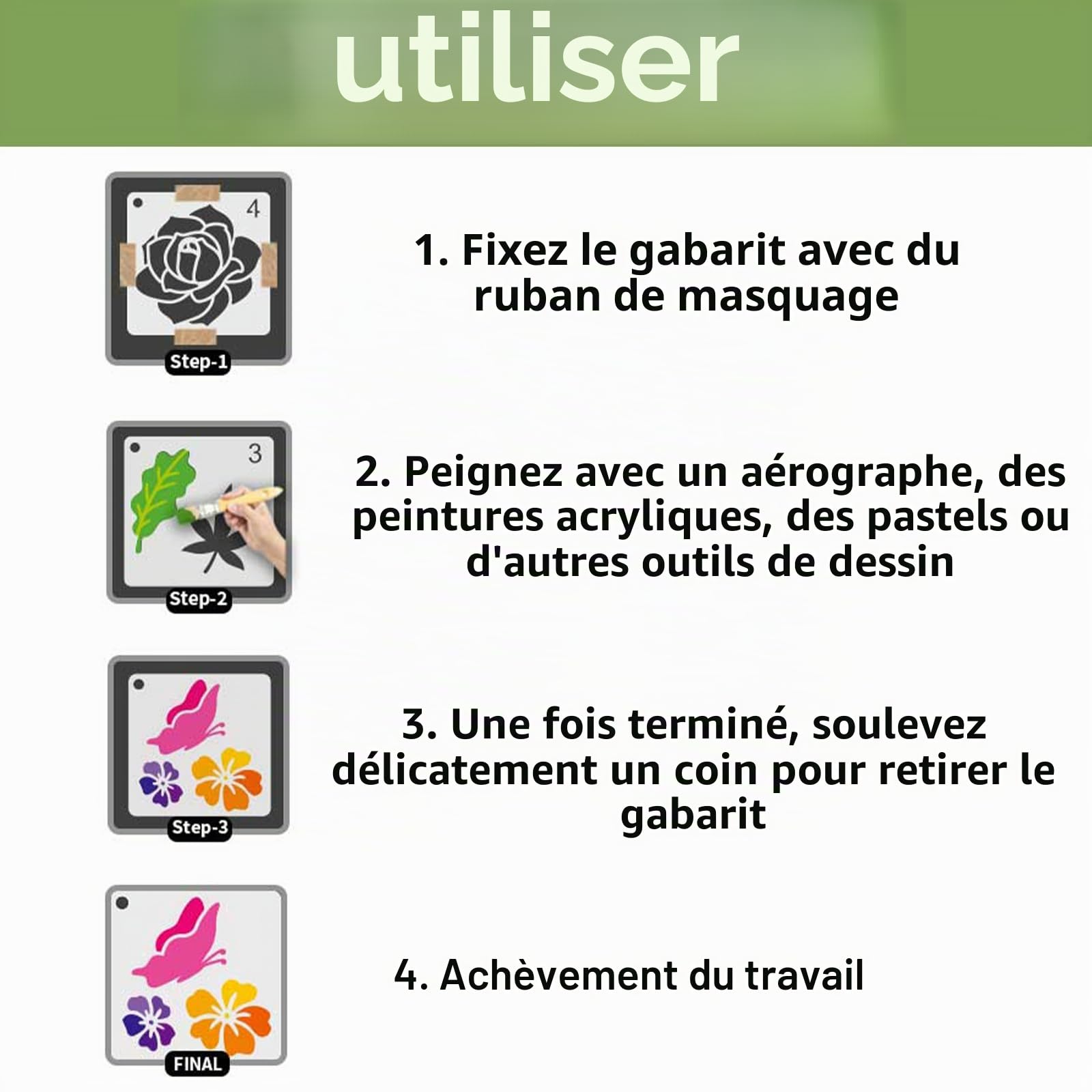 Lot de 64 pochoirs réutilisables 7,6 x 7,6 cm pour peinture plastique bricolage motifs fleurs feuilles