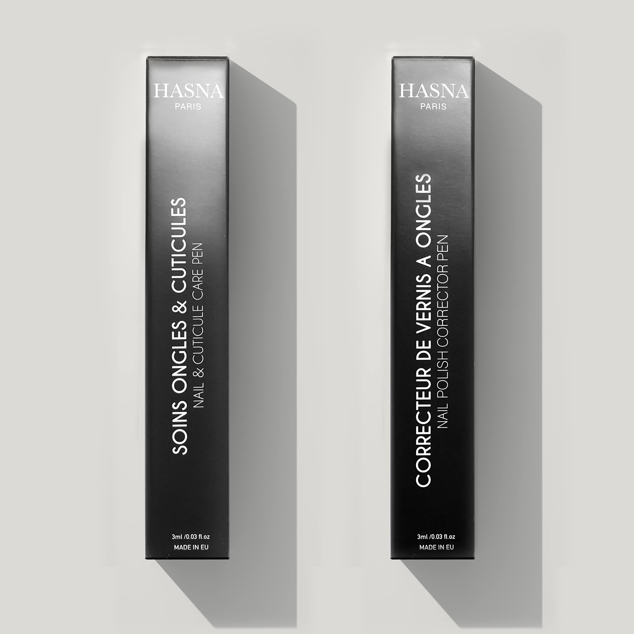 HASNA PARIS - DUO Stylos Correcteur vernis à ongles Dissolvant sans acétone avec pointes de rechange & Soins ongles cuticules réutilisable avec des pointes de rechange et un résultat parfait 2x3ml