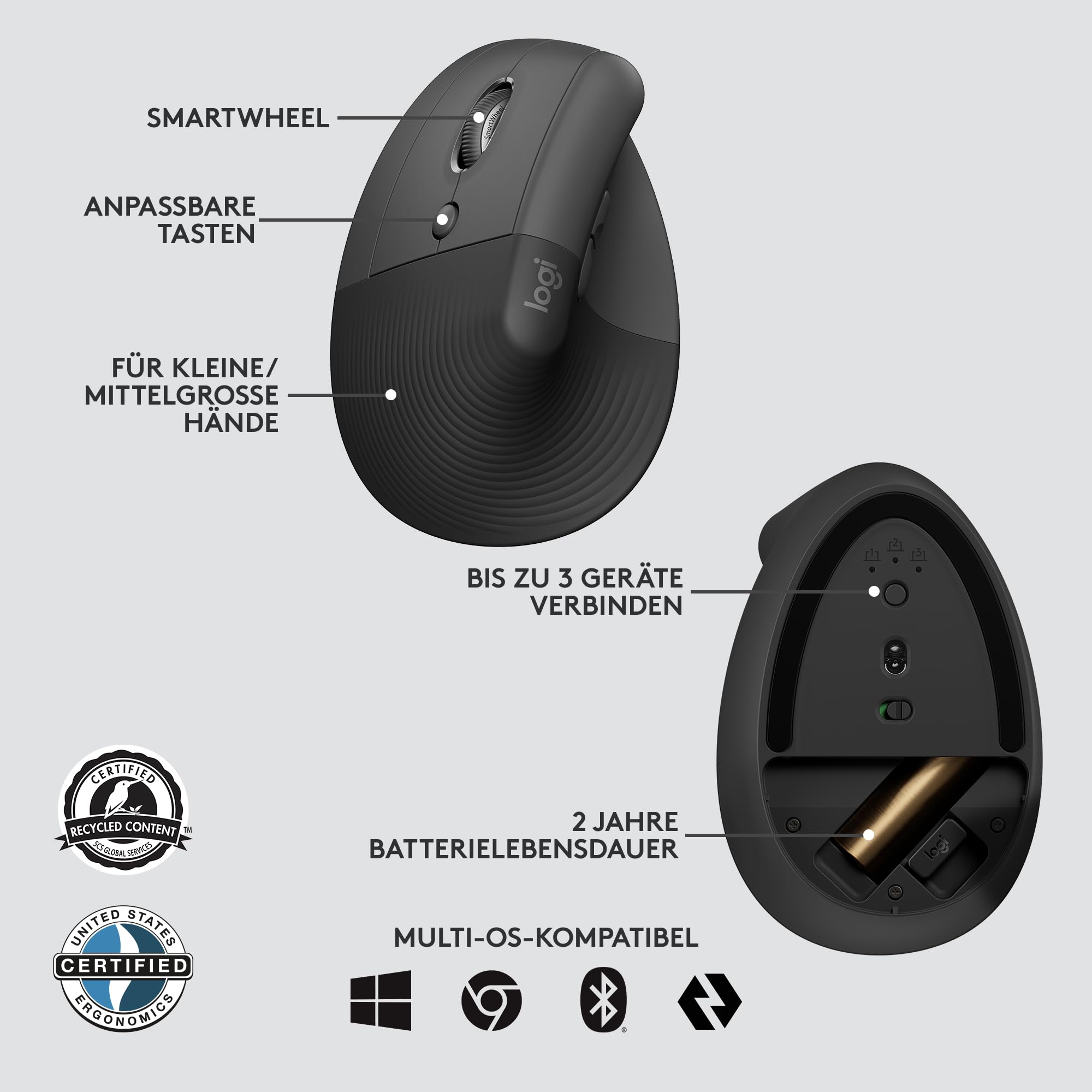 Logitech Lift for Business Left, vertikale ergonomische Maus – für Linkshänder, kabellos, Bluetooth oder gesicherter Logi Bolt USB, leise Klicks, Windows/Mac/Chrome/Linux – Grafit, Small, 910-006495