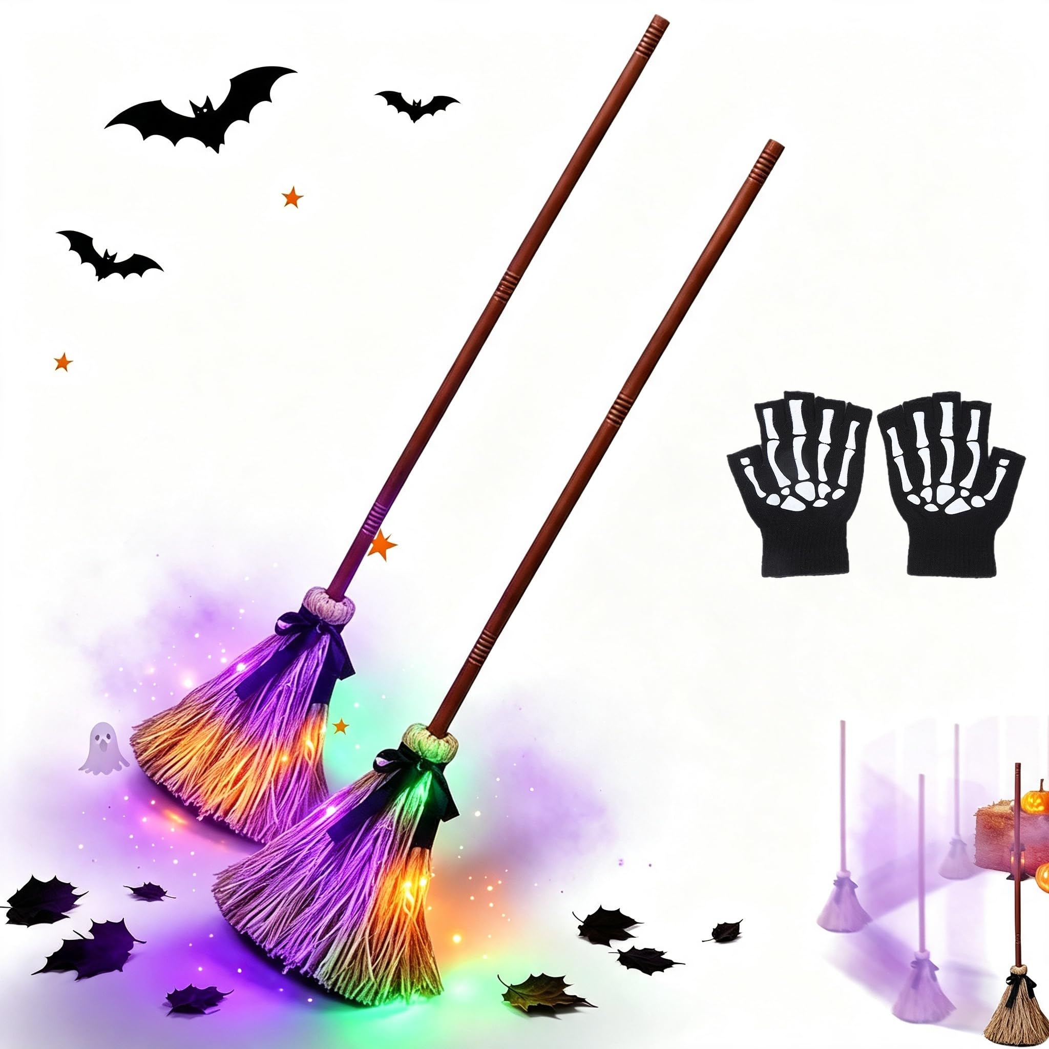 Floating Witch Broom, Animated Dancing Witch Broomstick with Motion Sensor Spooky Sounds & Color Changing LED Lights, Halloween Floating Prop for Yard Porch Party Haunted House Classroom (2PC)