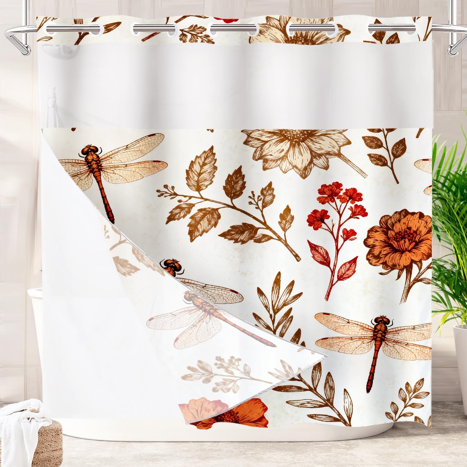 Batmerry Scarlet Wilderness Dragonfly No Hooks Shower Curtain with Snap in Liner Set, Blackish Green Vintage Floral Bathroom Decor Polyester Quick-Drying Waterproof for Bathtubs, 71X74 in