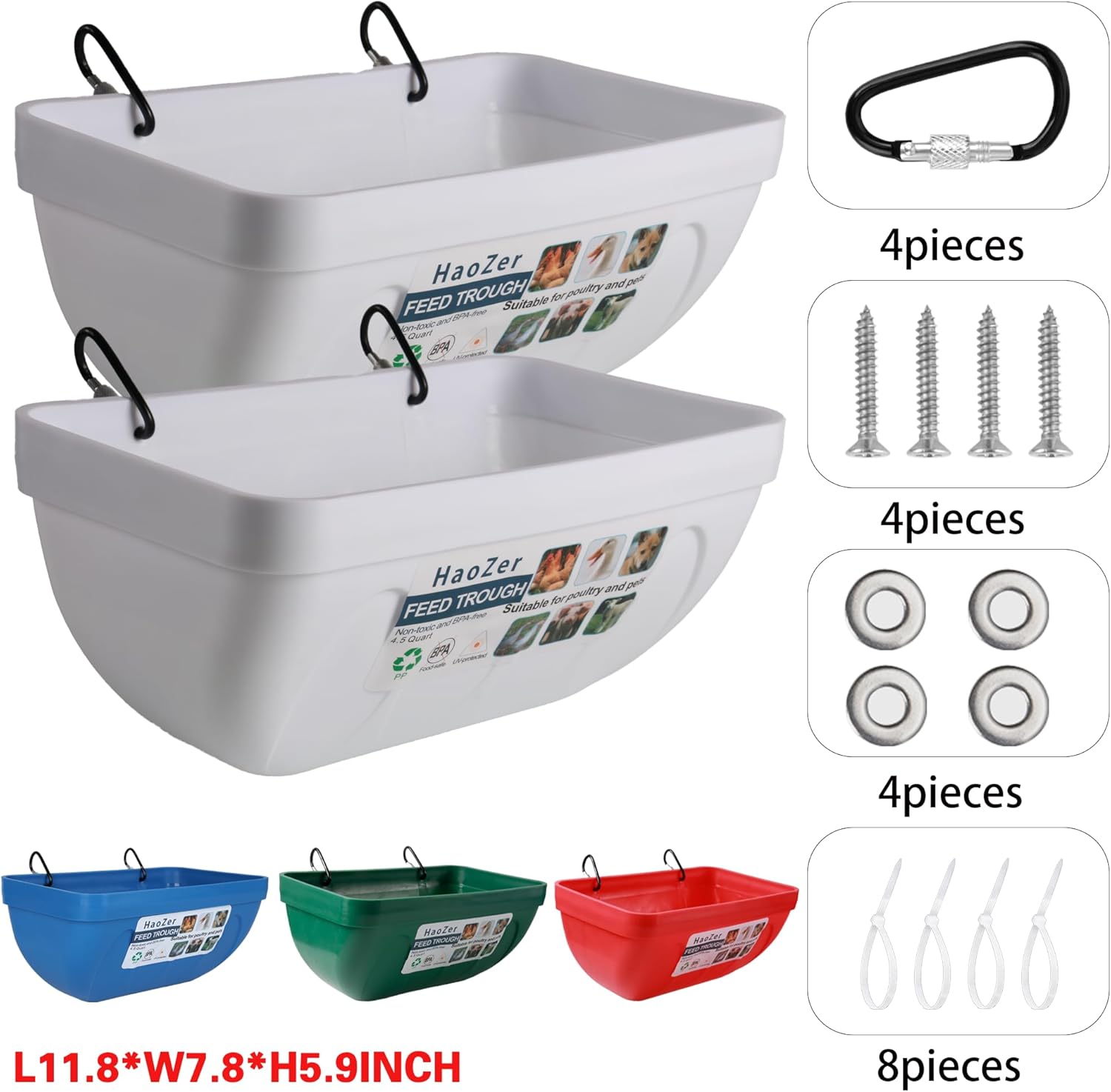 2 packs chicken feeder, goat feeding trough with clip, hanging poultry feeding equipment, used as poultry feeding trough for chickens, ducks, goats, deer, geese, and dogs (white)