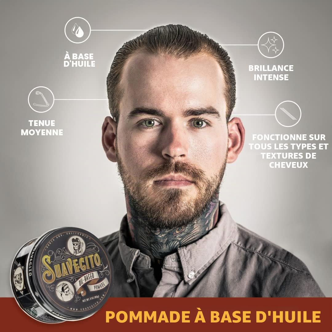Pommade à base d'huile Suavecito, tenue moyenne et durable, brillance saine, adaptée à tous les types de cheveux, à appliquer sur cheveux mouillés ou secs 3oz/85g