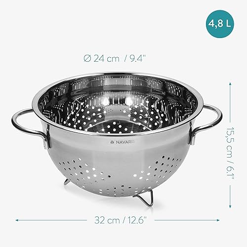 Miniatura 4 de Navaris Colador de acero inoxidable de 4.8L  5 cuartos de galón - Colador de metal con agujeros grandes y asas para pasta, espaguetis, verduras,
