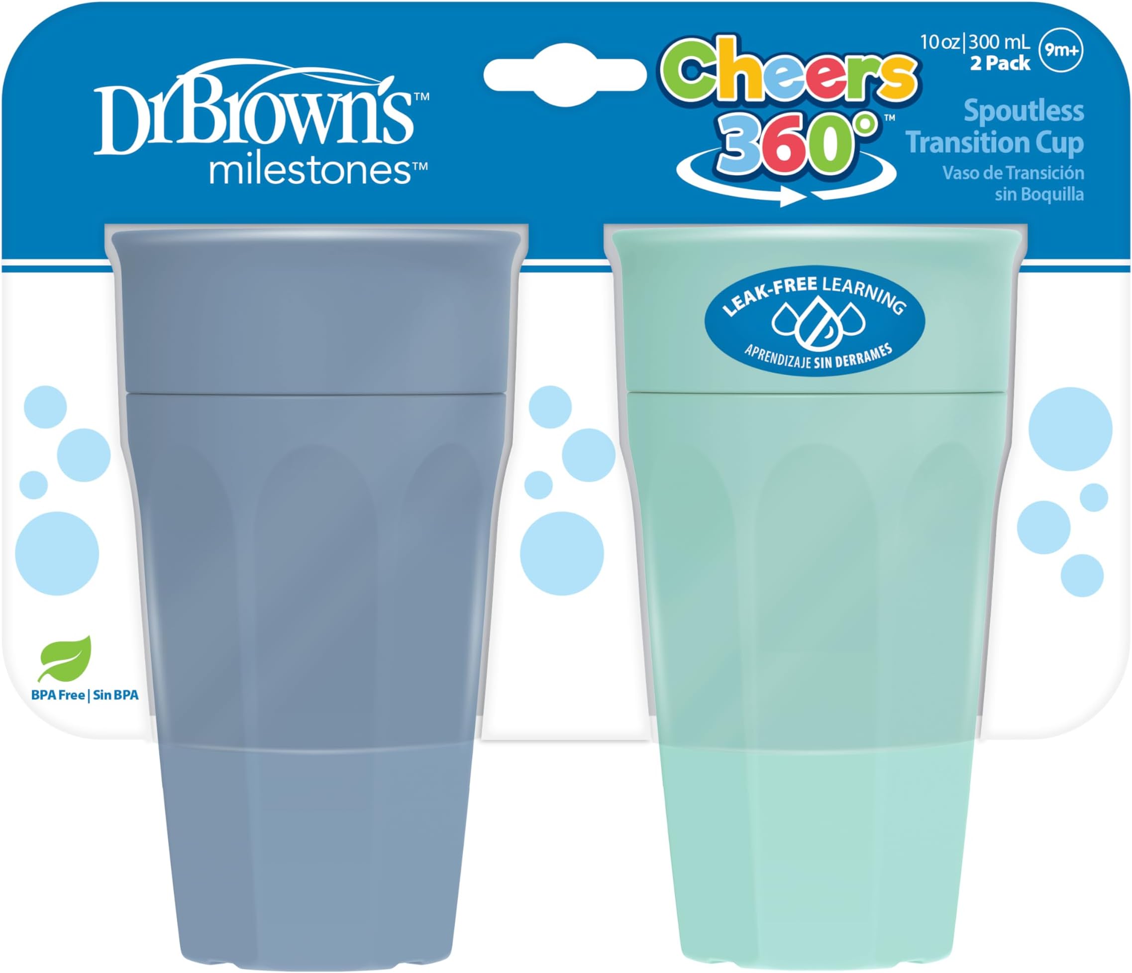 Dr. Brown's Cheers 360 Spoutless Training Cup, 9m+, 10 Ounce, Blue/Aqua, 2 Count