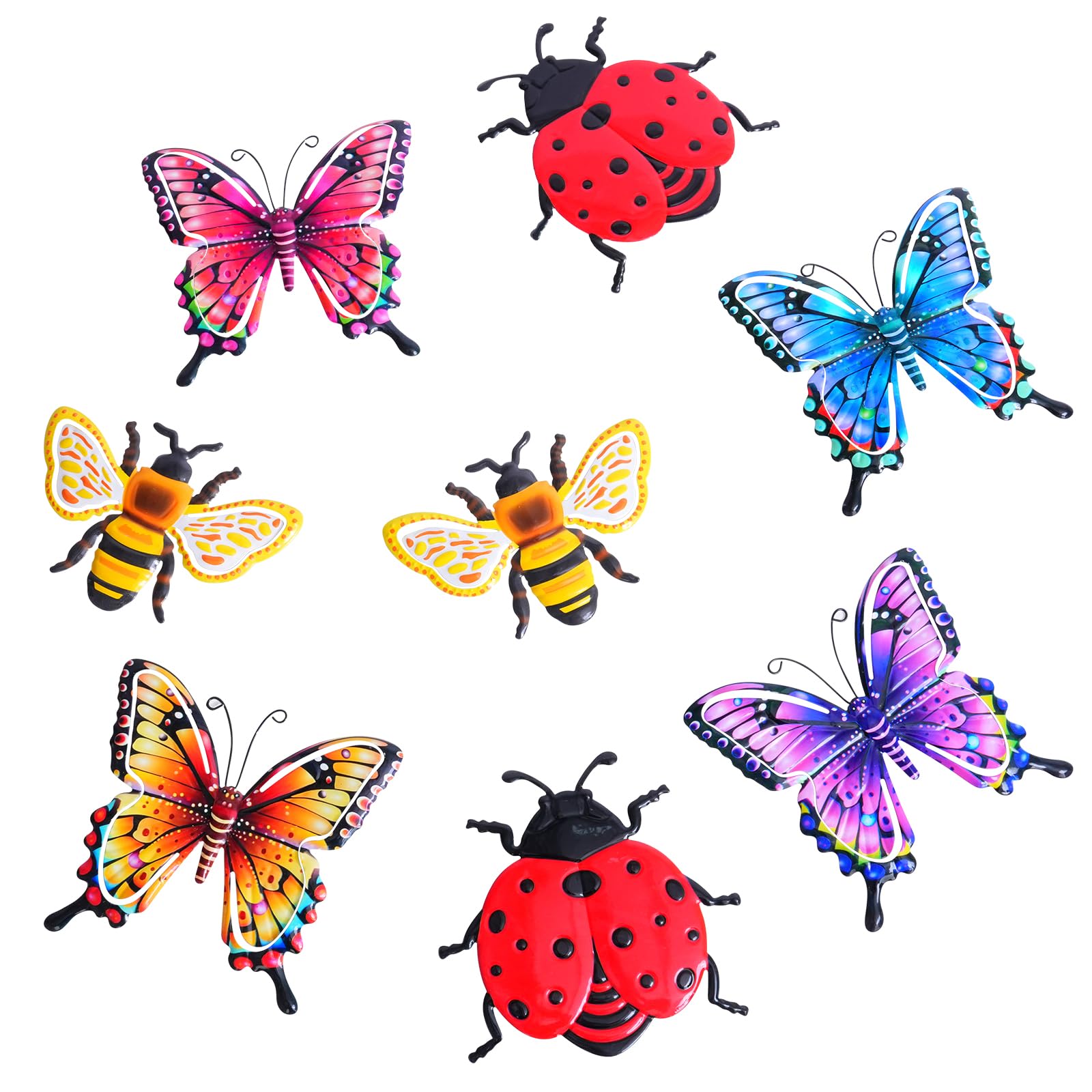 DEWEL 8 Pcs Garden Wall Art Decorations, 3D Butterfly Ladybug Bee Garden Decor, Outdoor Indoor Metal Garden Ornaments, Outside Garden Backyard Patio Fence Hanging Decorations