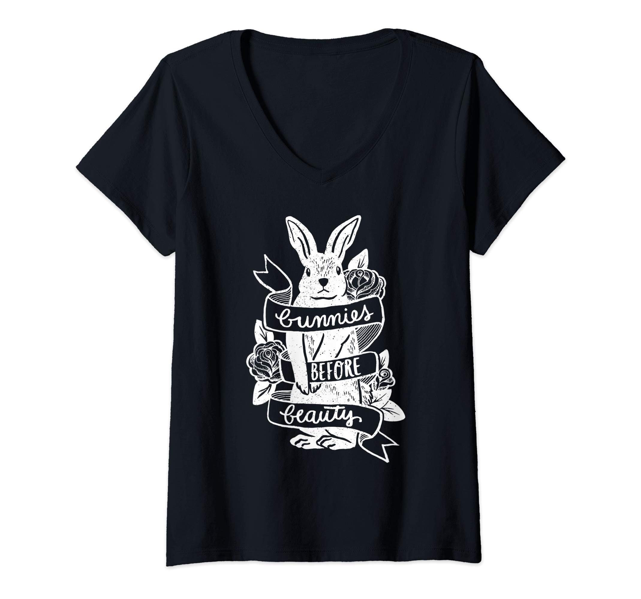 Womens Bunnies Before Beauty - The Dharma Store - Vegan V-Neck T-Shirt
