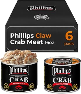 Phillips Claw Crab Meat 16oz Cans, 6 Pack - Wild Caught Pasteurized Blue Swimmer Crab, Hand-Picked for Soups, Dips & Casseroles