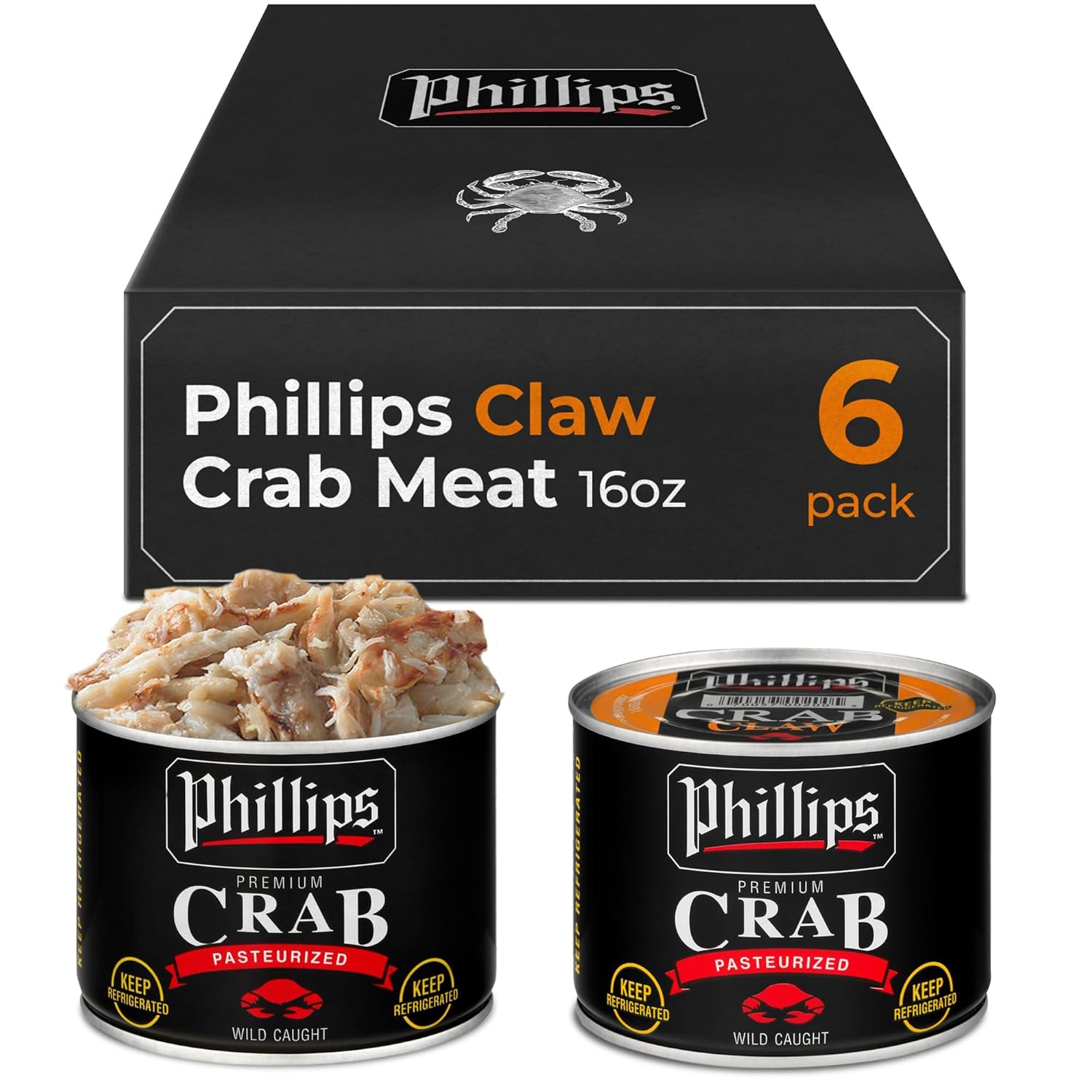 Phillips Claw Crab Meat 16oz Cans, 6 Pack - Wild Caught Pasteurized Blue Swimmer Crab, Hand-Picked for Soups, Dips & Casseroles