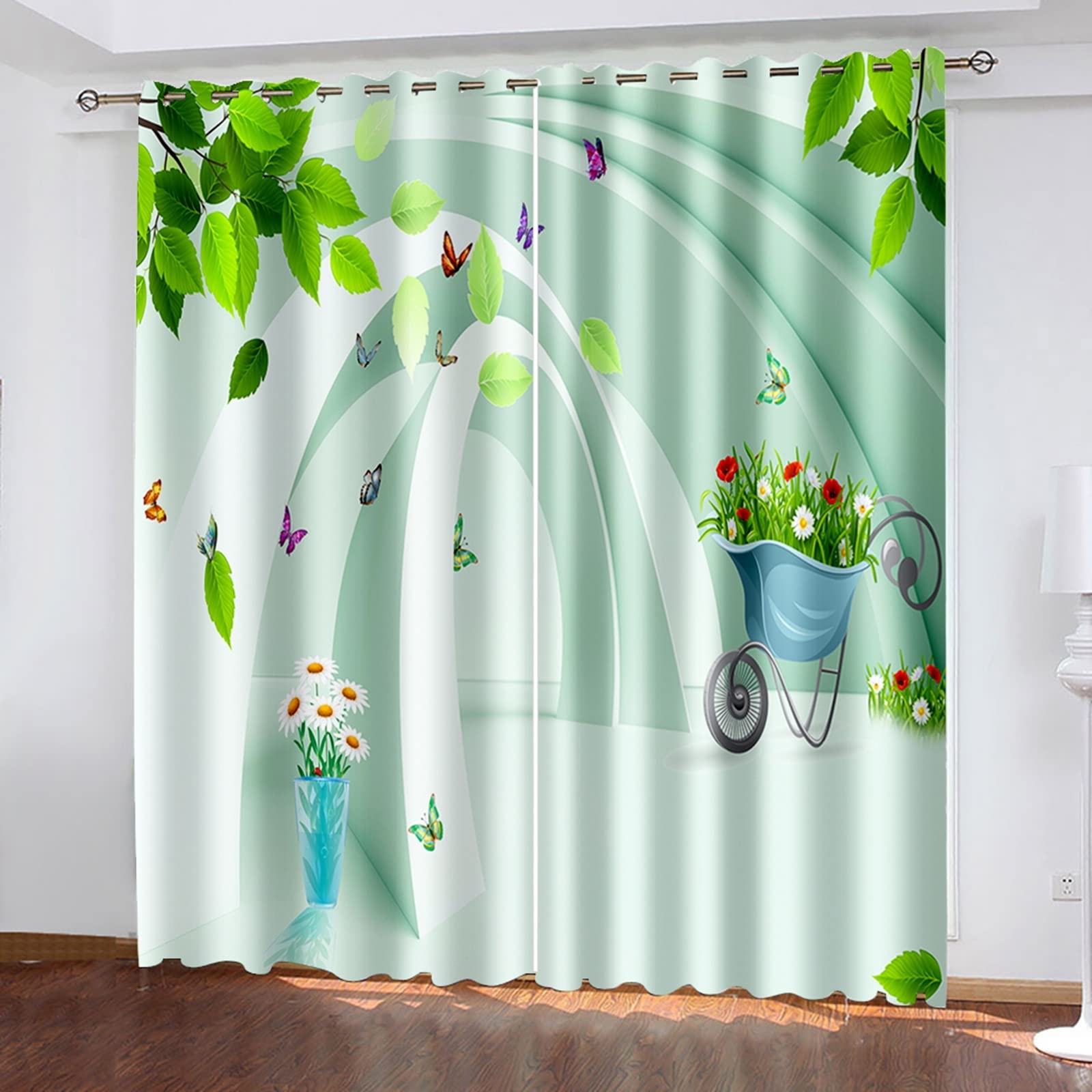 AMDXD Cortina infantil blanca verde azul, cortina de salón moderna, lote de 2 cestas de flores de hoja de poliéster, 264 x 115 cm