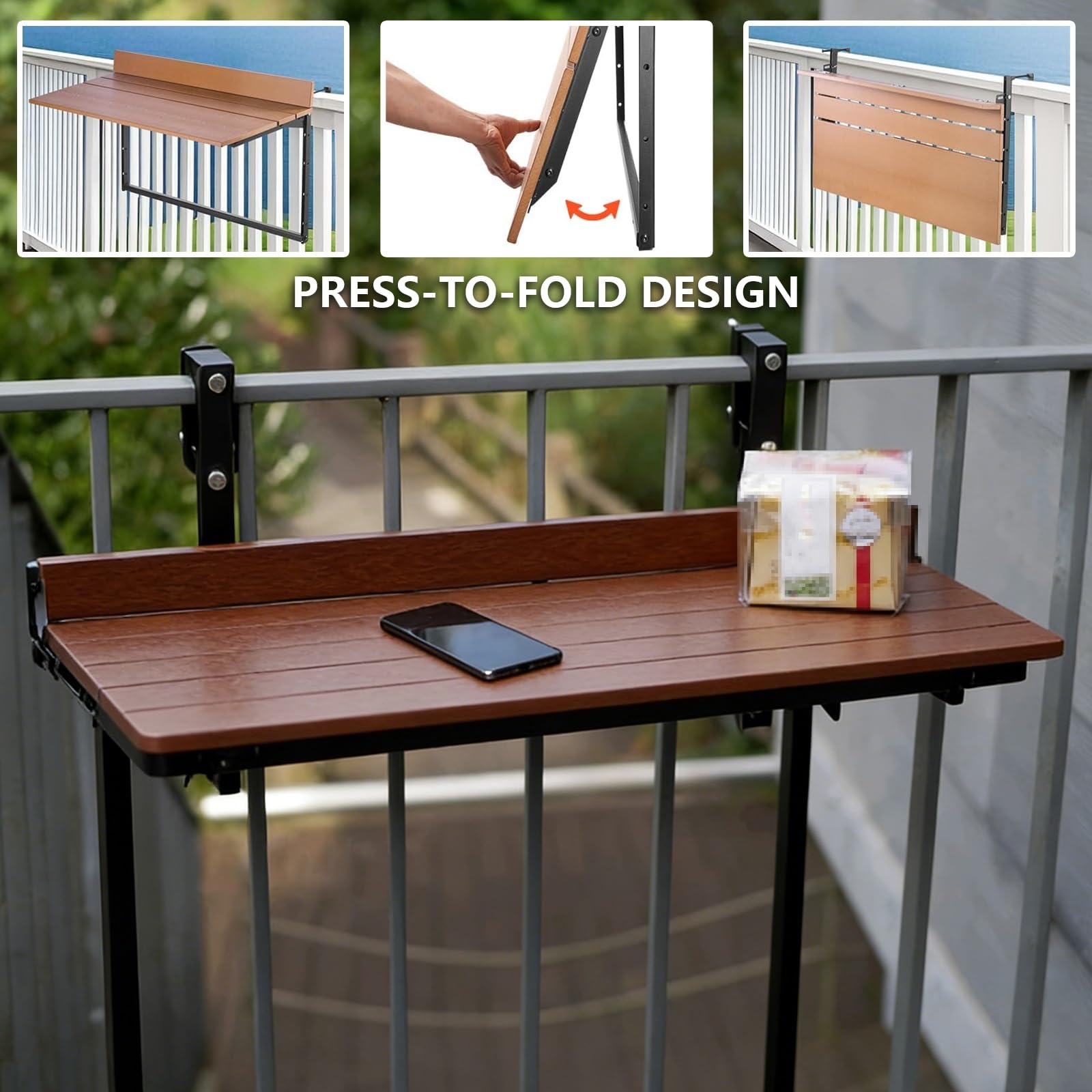 Table de Balcon Pliante pour Garde Corps avec Fixation Réglable, Table Suspendue Balcon en Composite Bois-Plastique pour Balcon, Terrasse Et Patio