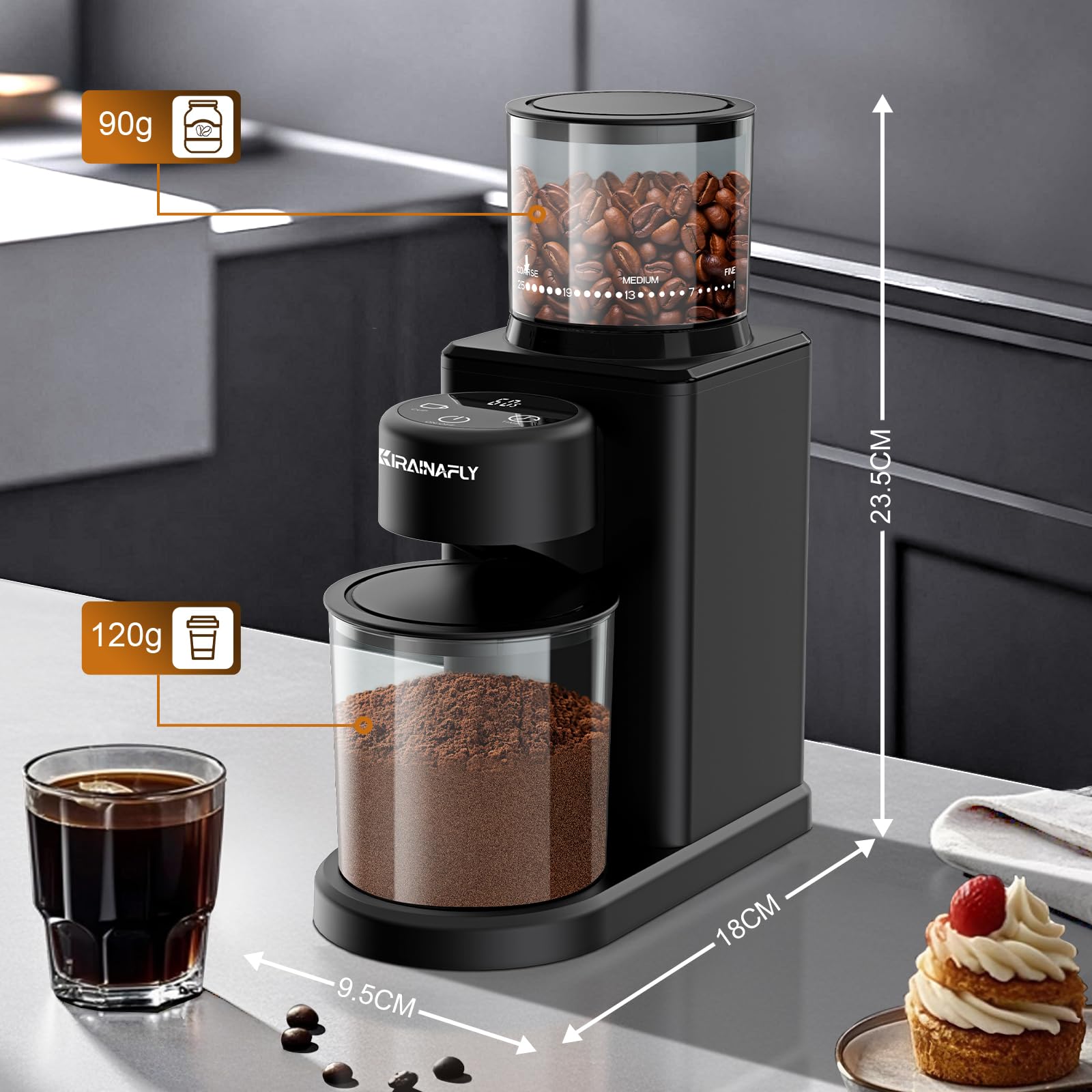 Macina Caffe' Elettrico Bava Conica,Macinacaffè per Uso Domestico con 25 Impostazioni di Macinatura e Regolabili per Espresso,Drip e French Press,Touch Screen con Doppia Modalità,Antistatico,Nero