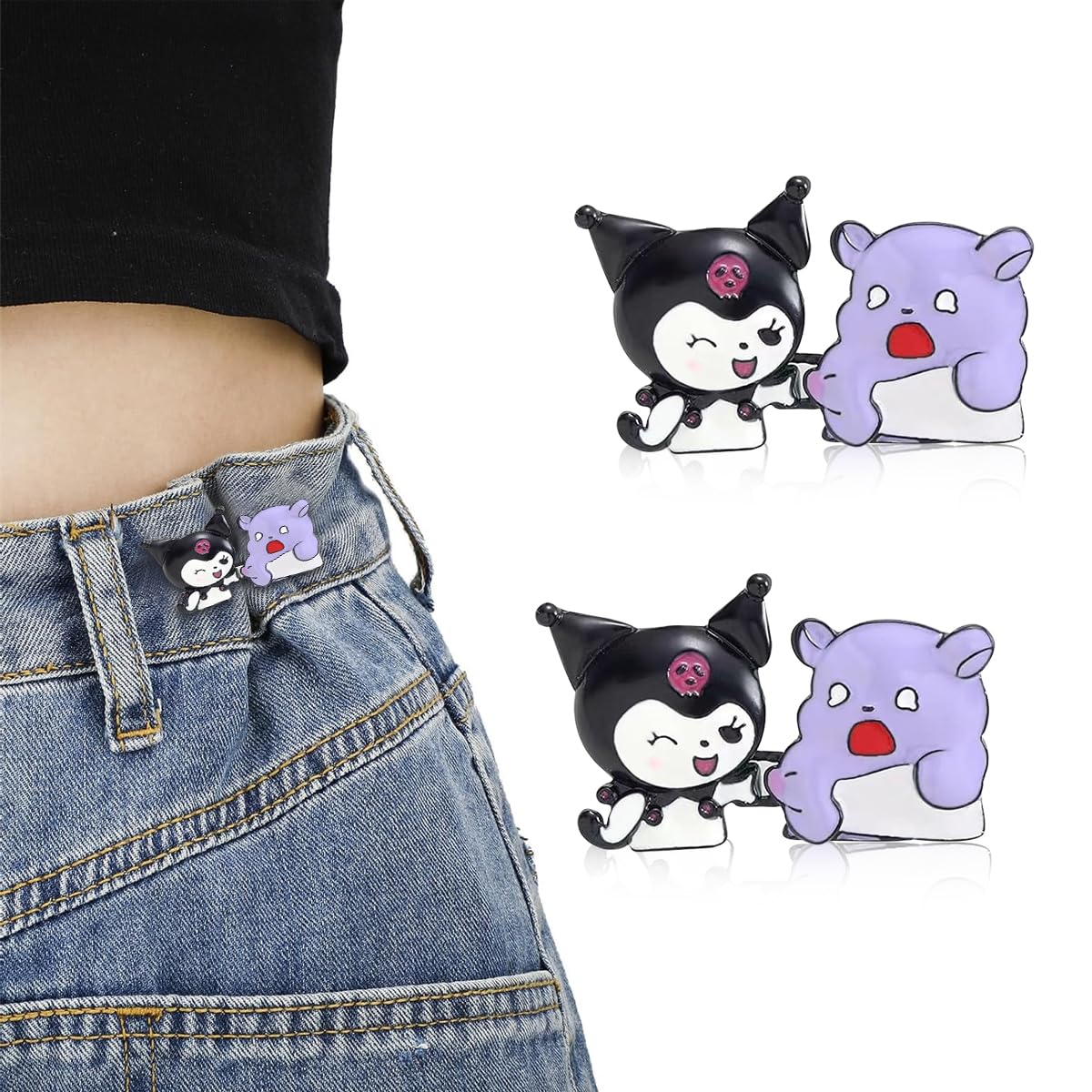 SANNIDHI® 2 Pairs Jeans Tightening Clip, Kuromi Pants Clips Jeans Adjustable Button Pins, Adjustable Waist Buckle for Women Girls, Jeans Hooks for Waist Fit Loose Jeans Adjuster for Trousers, Skirts