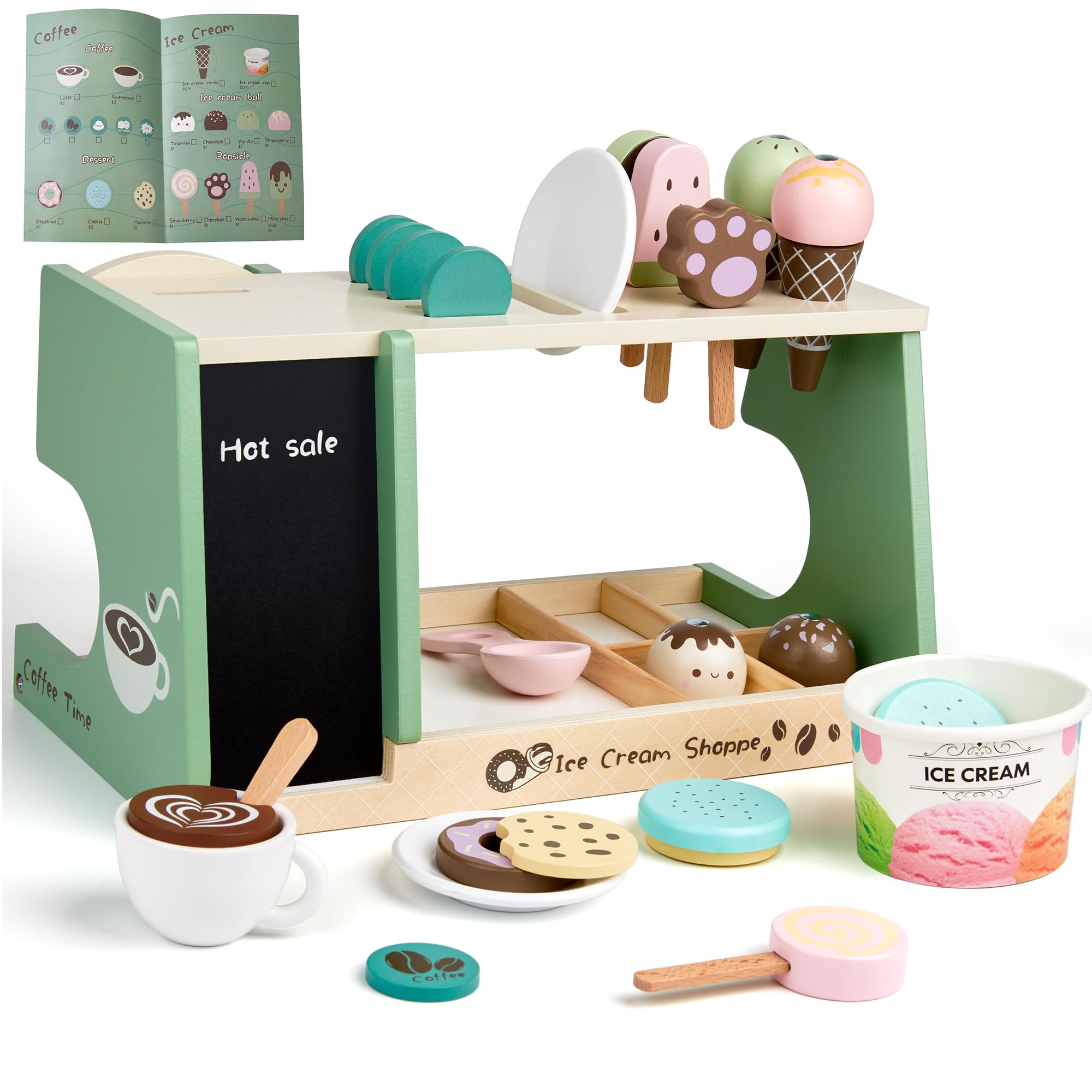 medoga Giocattolo per gelato in legno,contatore per gelato 3in1 con caffettiera,28pz per bambini fingere di giocare accessori da cucina giocattoli in legno per 3 4 5 6 anni ragazza o ragazzo (gelato)