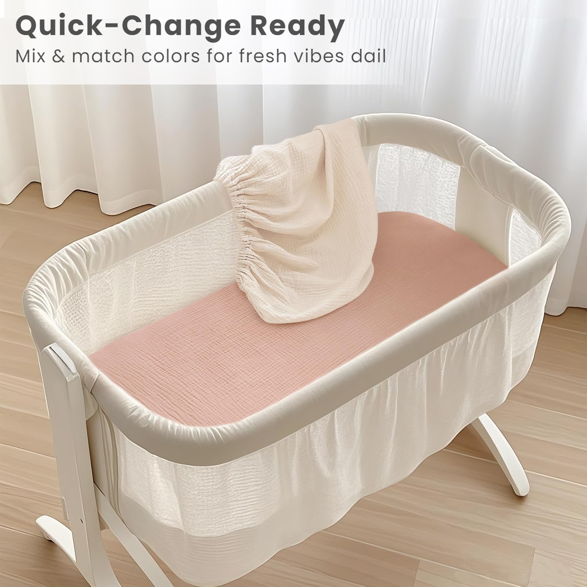 Konssy 2er-Pack Musselin Korbbezug für Baby Mädchen Jungen, 83 cm x 53 cm | 100% Baumwolle, weiche Körbchenbettchen, geeignet für Babyfreude, Traum auf mich, rechteckige Bettmatratzen (rosa, creme)