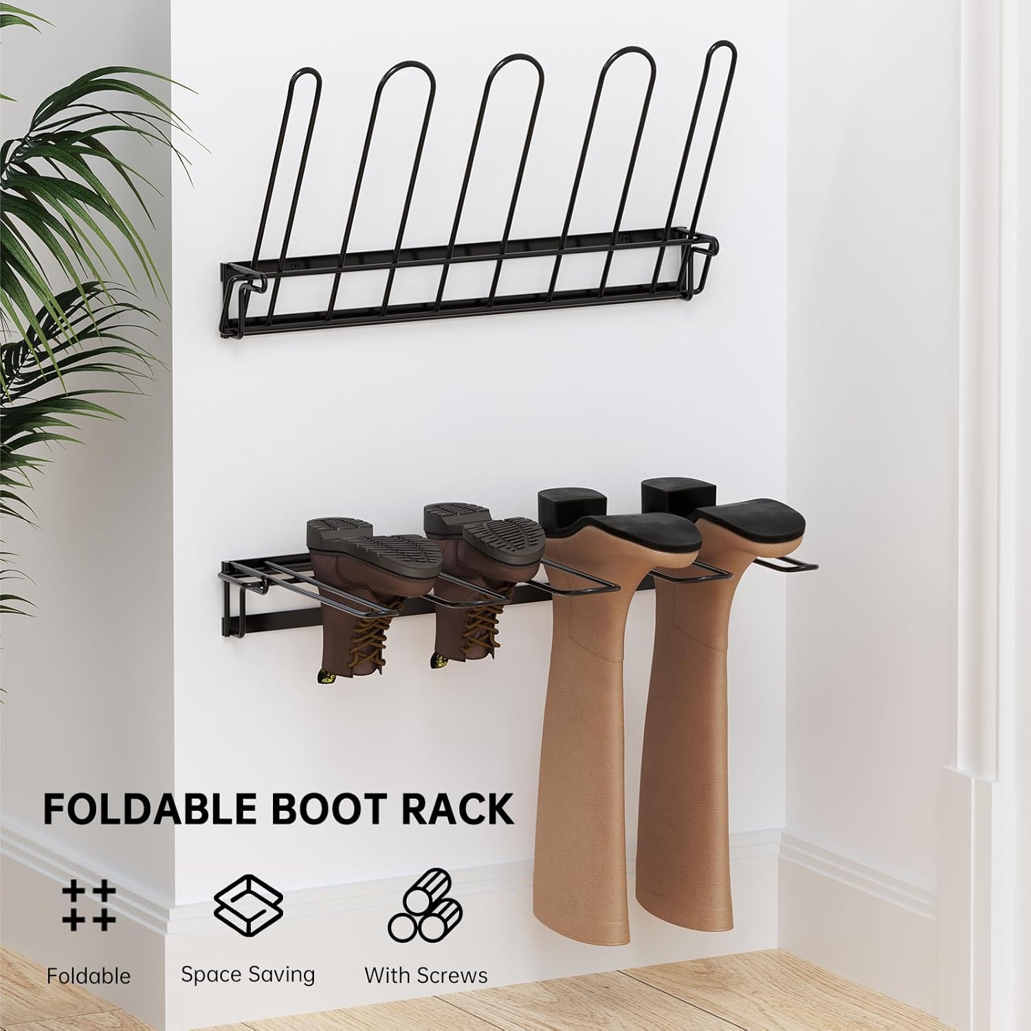 Boot Rack - Space-Saving Wall-Mounted 4-Pair Wader Hangers & Sturdy Boot Storage Organizer Tall Boots for Entryway, Garage, Closet (2 Pack)