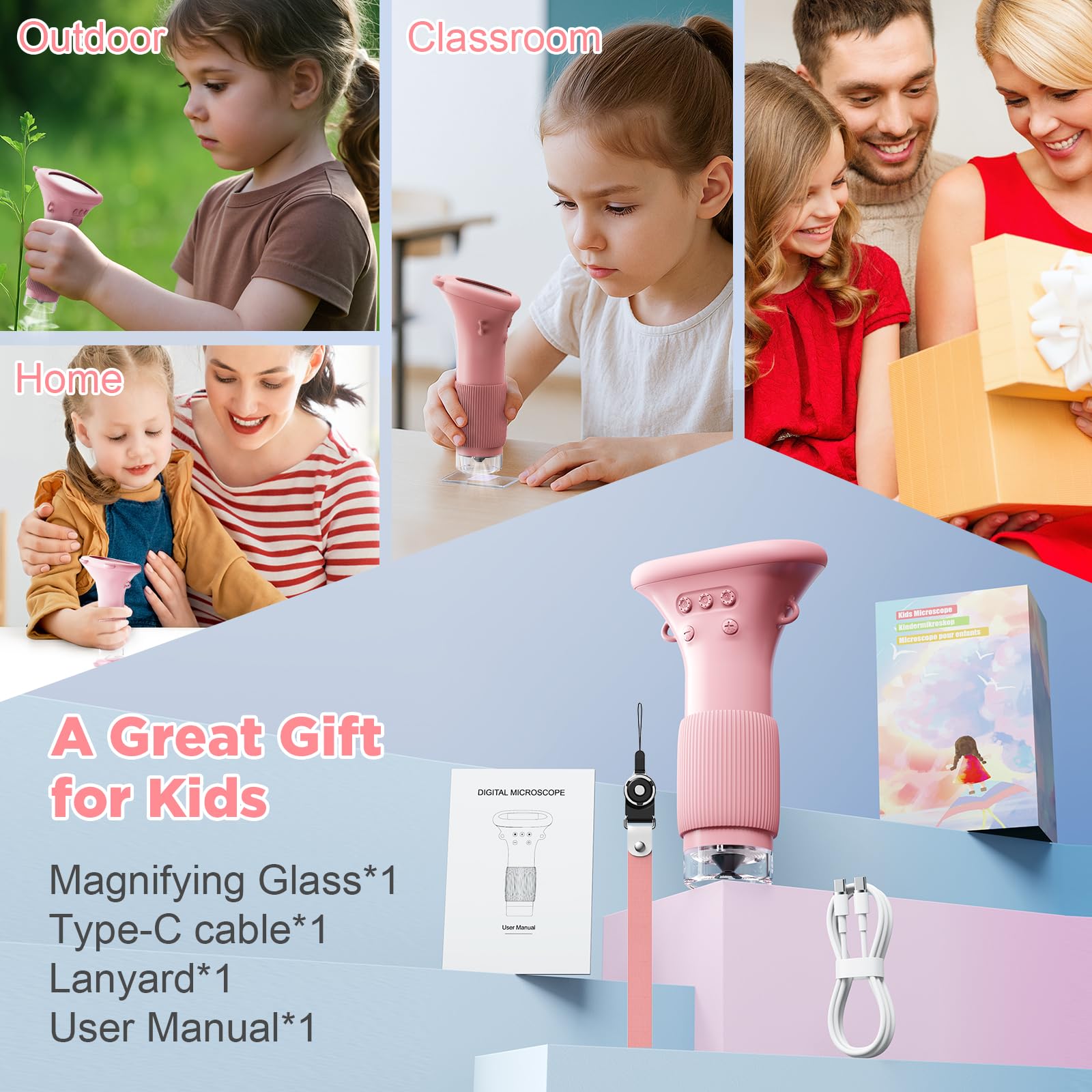 MAXLAPTER Microscopio Digitale Portatile per Bambini: 1000X Microscopio Tascabile con Schermo IPS da 2" e 8 Luci a LED Regolabili - Regalo di Compleanno per Ragazzi e Ragazze dai 3-12 Anni, Rosa