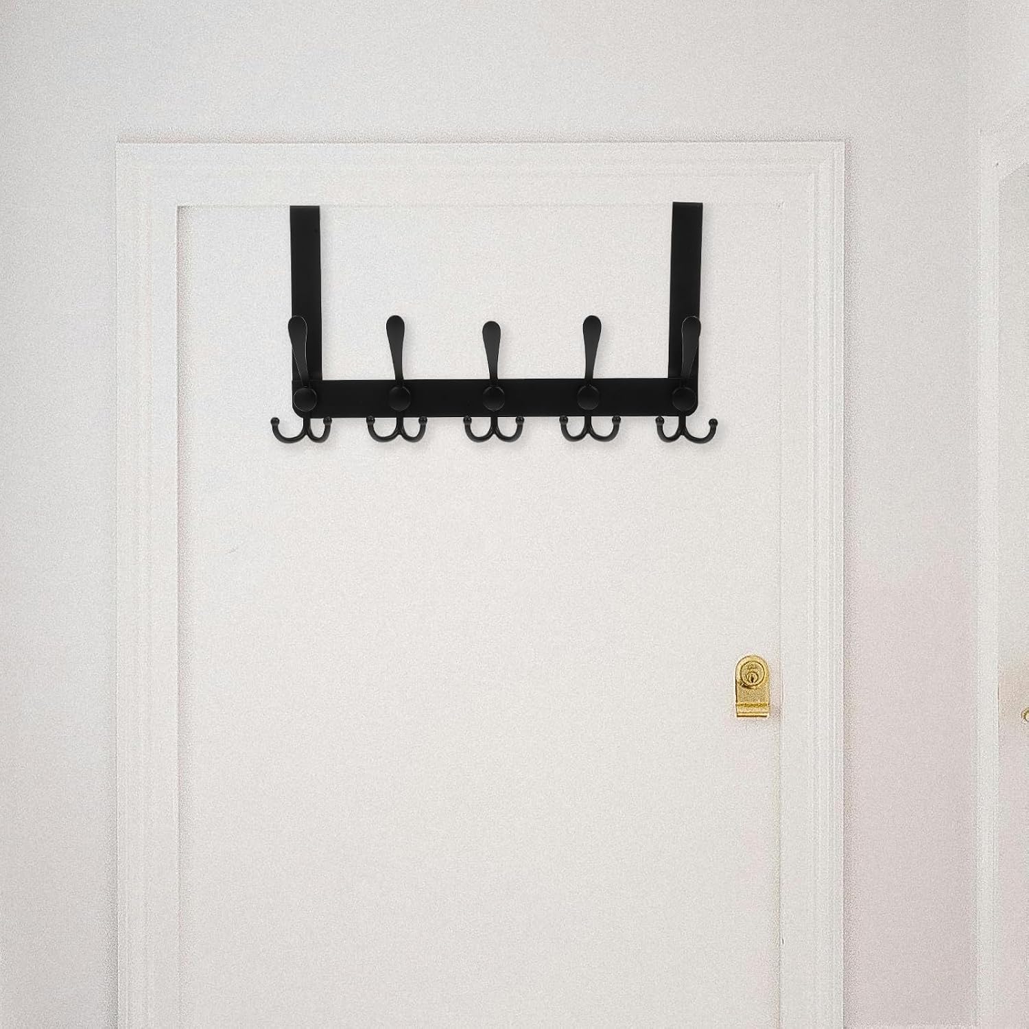 Door Coat Rack with 5 Hooks, Stainless Steel Space-Saving Design, No-Drill Installation, for Hanging Towels and Hats in Bedrooms and Apartments, Black Finish