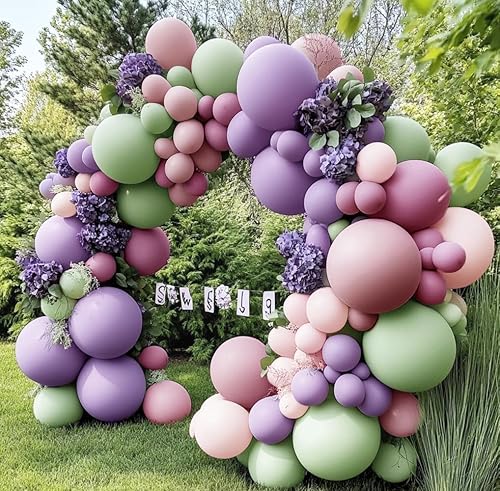 Miniatura 9 de Guirnalda de globos de color verde polvoriento, morado y rosa, doble relleno, color verde claro, rosa, lavanda, lila, kit de arco de globos de Verde