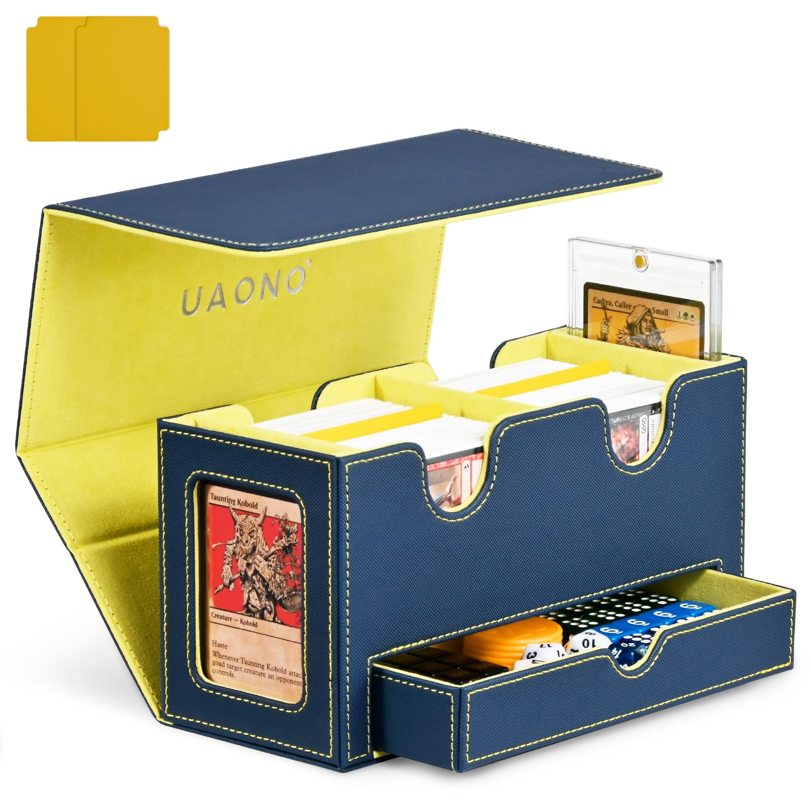 UAONO MTG Deck Box, Doppelkarten-Aufbewahrungsbox mit 2 Kommandanten-Display & Würfeltablett, passt für 200+ doppelt gesleevte Karten, Karten-Organizer für CCG TCG Sportkarten (Blue&Yellow)