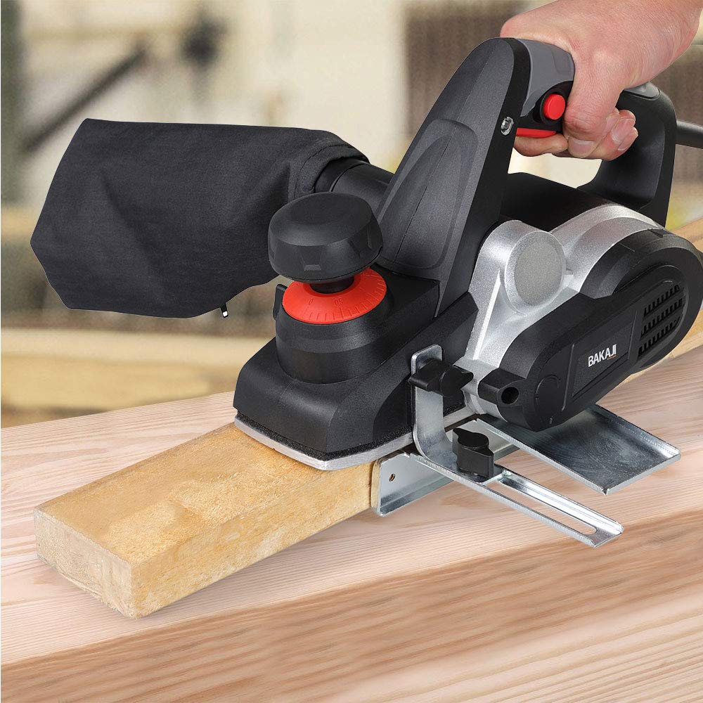 Bakaji Cepilladora eléctrica potencia 900 W lijadora cepilladora madera velocidad 16500 rpm ancho corte 82 mm profundidad ajustable 0-3 mm con aspirador integrado bolsa + guía paralelo