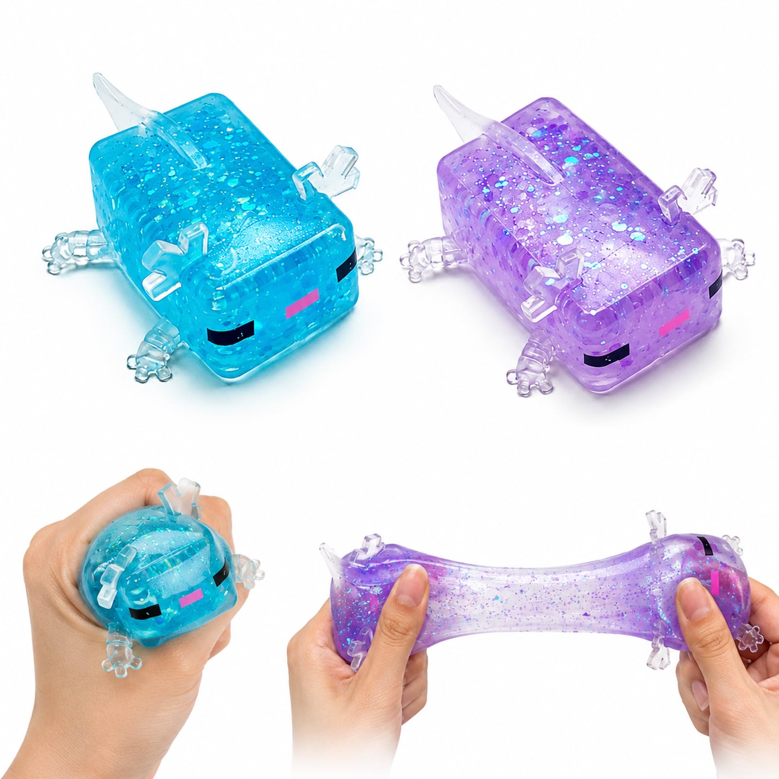 2PCS Axolotl Squishy, Decoration for Stress Relax and Sensory Play, Soft Slow Rising Axolotl Squishy, Blue and Purple Glitter Axolotl Design, for Classroom Office Travel Use