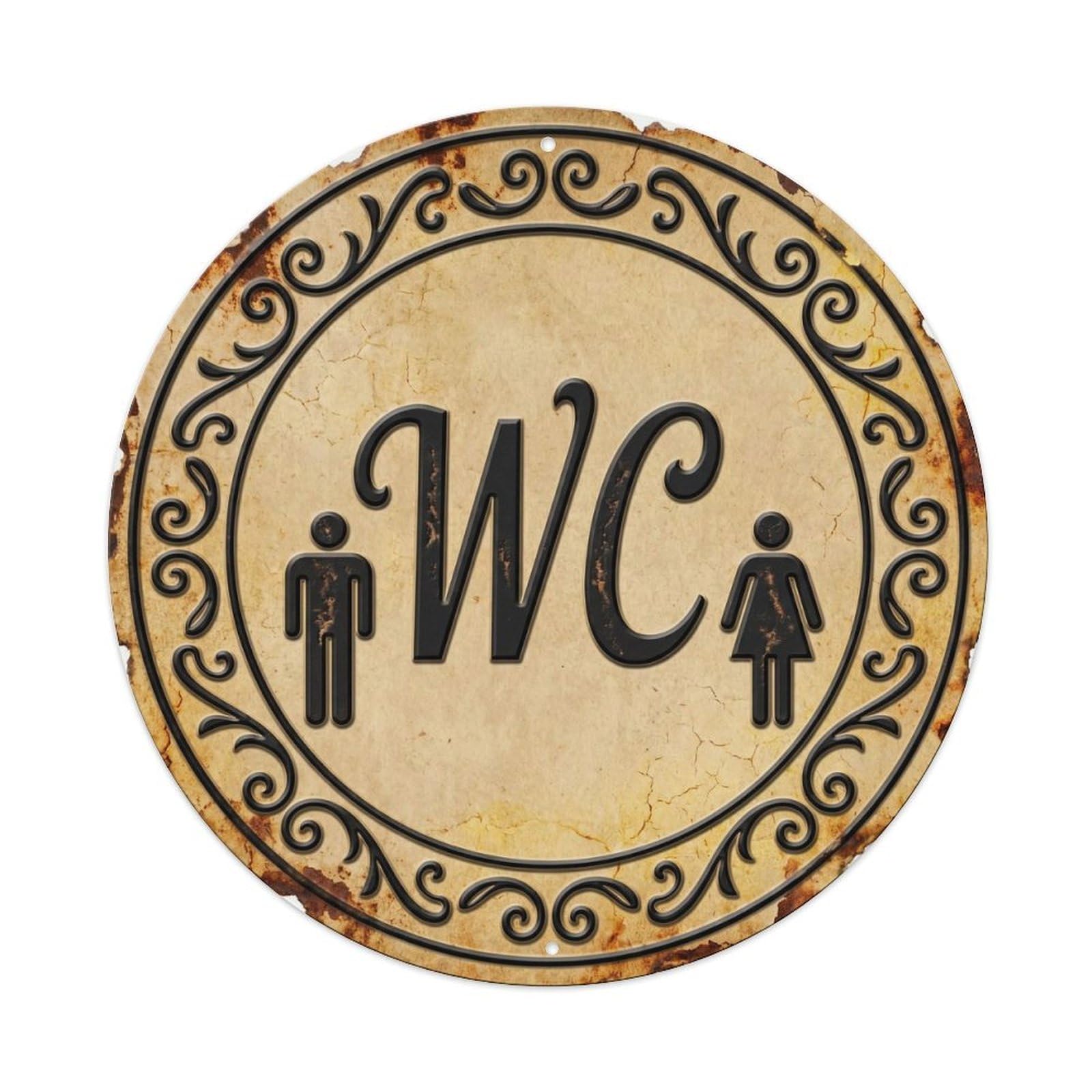 Toilet （WC） Rustic Parchment Plate Metal Tin Sign Plaque Wall Decor for Cafe, Club Bar, Office, Home Garden Round Metal Poster 8x8Inch