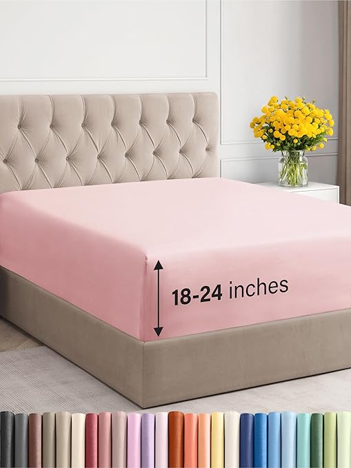 Extra Deep Queen Fitted Sheet - Hotel Luxury Single Fitted Sheet Only - Easily Fits 18 inch to 24 inch Mattress - Ultra Soft, Wrinkle & Fade Free w/Extra Deep Pockets - Breathable & Comfy - Baby Pink