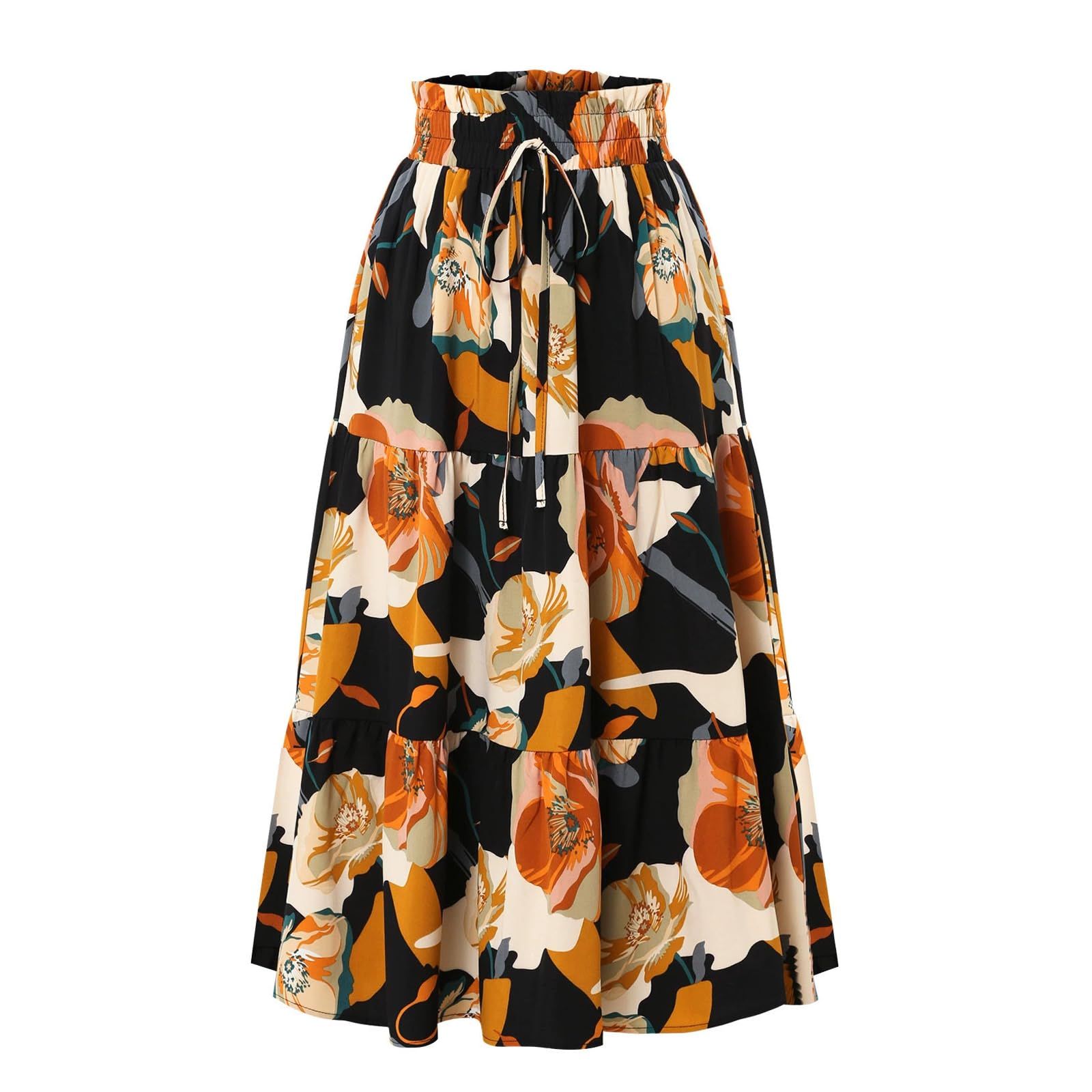 Womens Floral Midi Skirt Elastic Pleated Skirt High Waist Ruffle Skirt